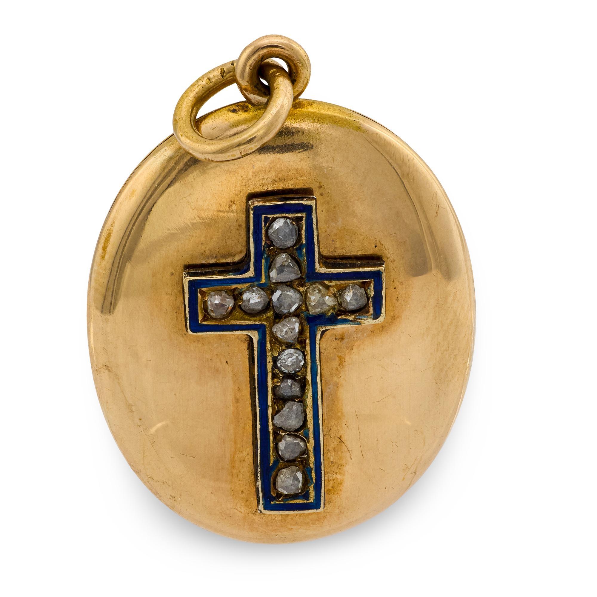 Victorian rose cut diamond agate 14k yellow gold enamel cross pendant For Sale