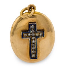 Antique Victorian rose cut diamond agate 14k yellow gold enamel cross pendant