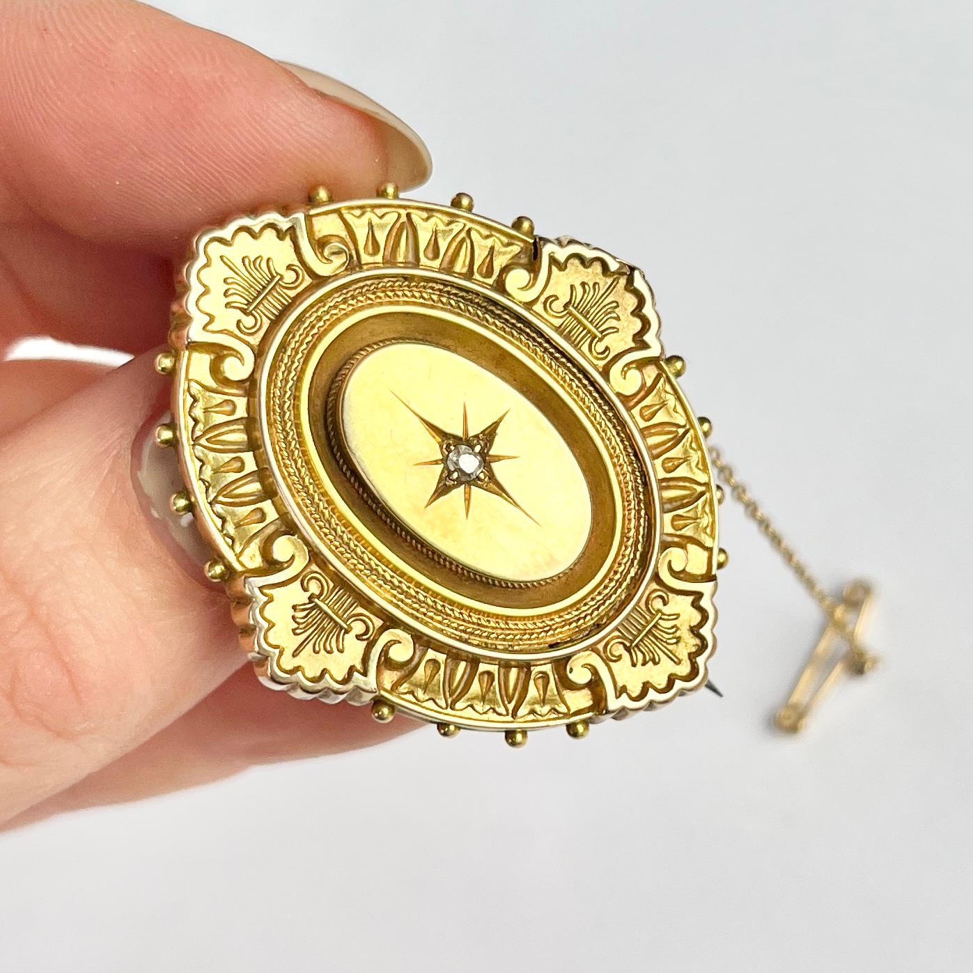 This gorgeous victorian brooch holds a rose cut diamond at the centre and is modelled in 18carat gold. The back of the locket has a pane of glass which created a locket. There is a pin on the back.

Brooch Dimensions: 40x33mm

Weight: 8.6g