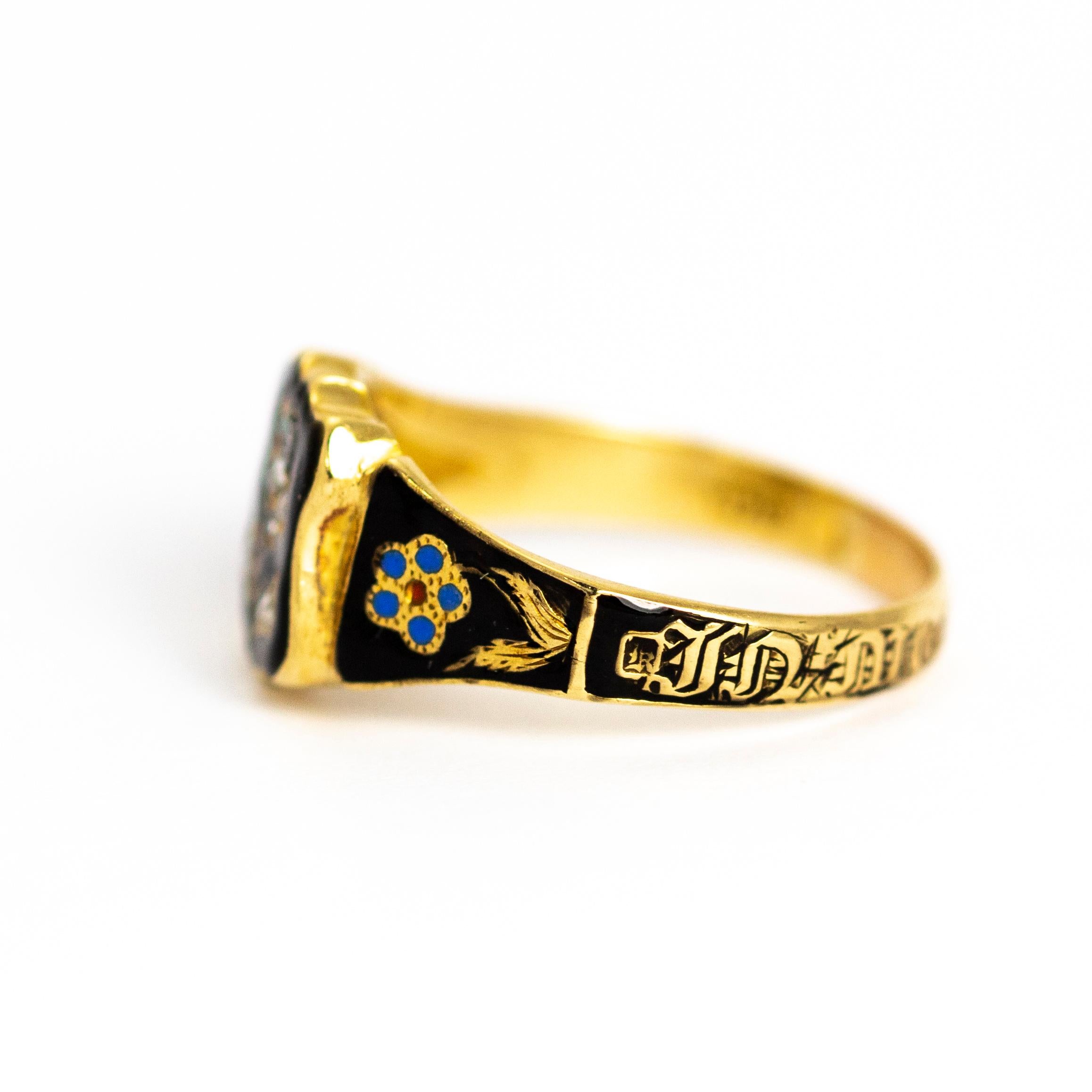 Victorian Rose Cut Diamond and Enamel 18 Carat Gold Mourning Ring In Good Condition In Chipping Campden, GB