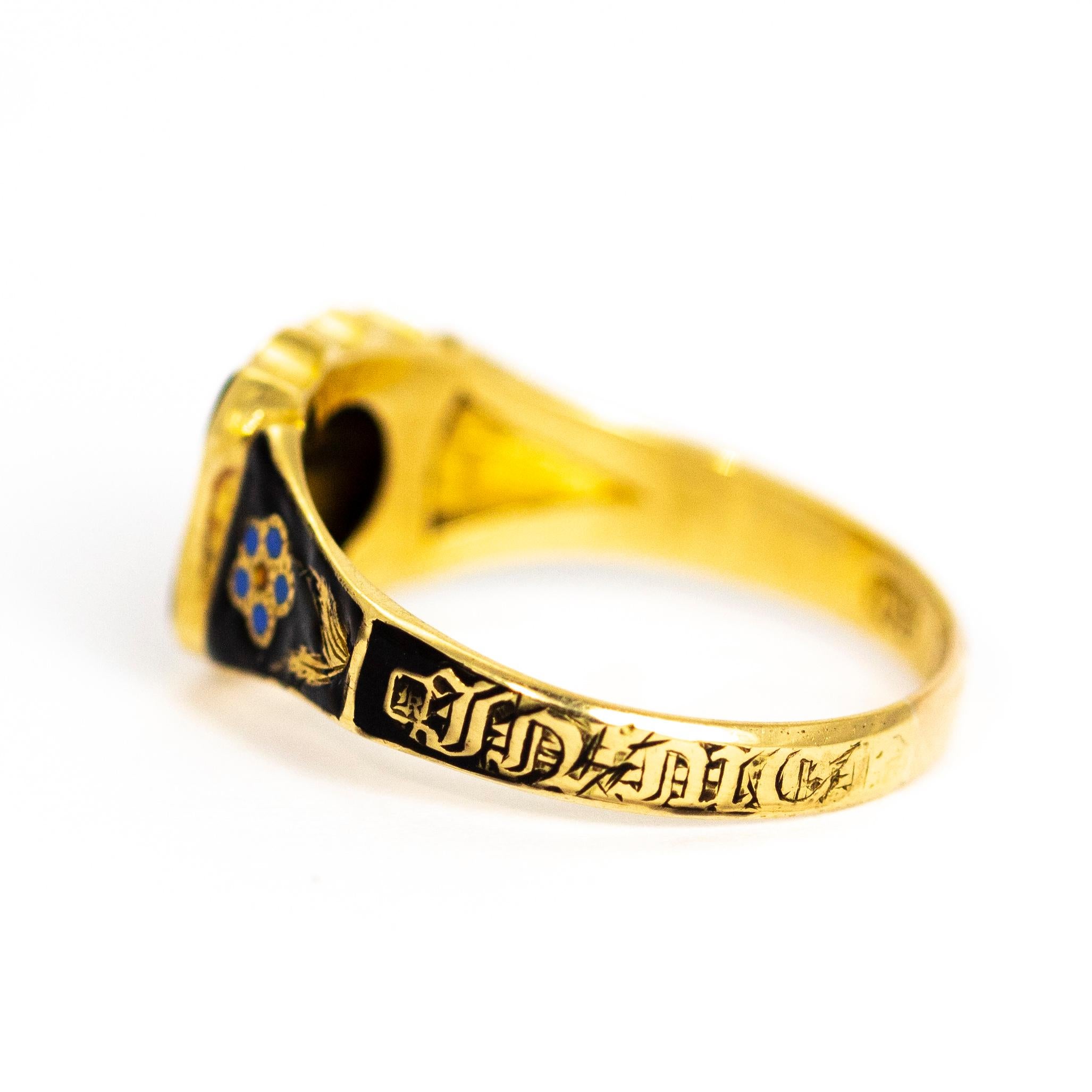 Women's or Men's Victorian Rose Cut Diamond and Enamel 18 Carat Gold Mourning Ring
