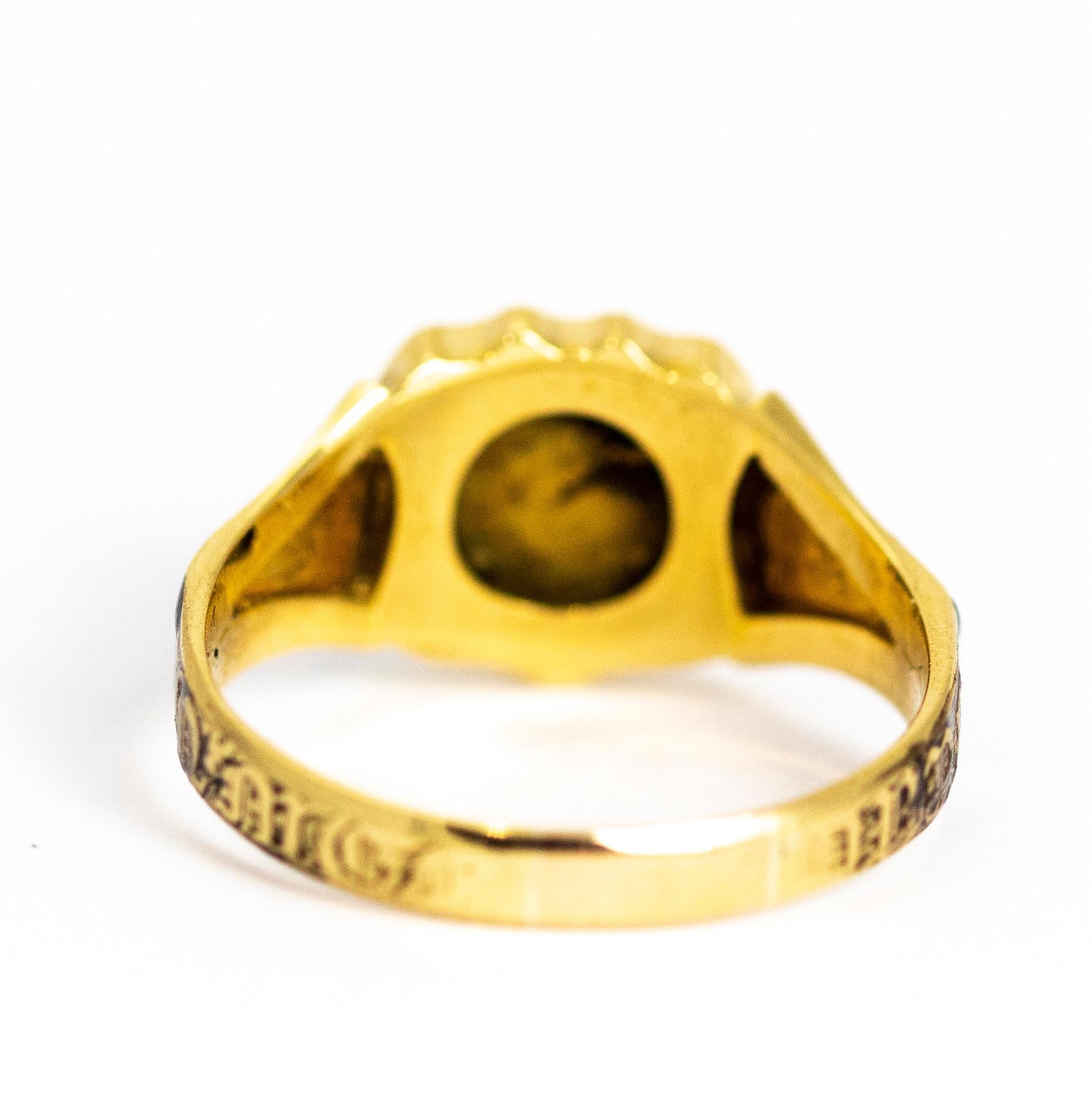 Victorian Rose Cut Diamond and Enamel 18 Carat Gold Mourning Ring 1