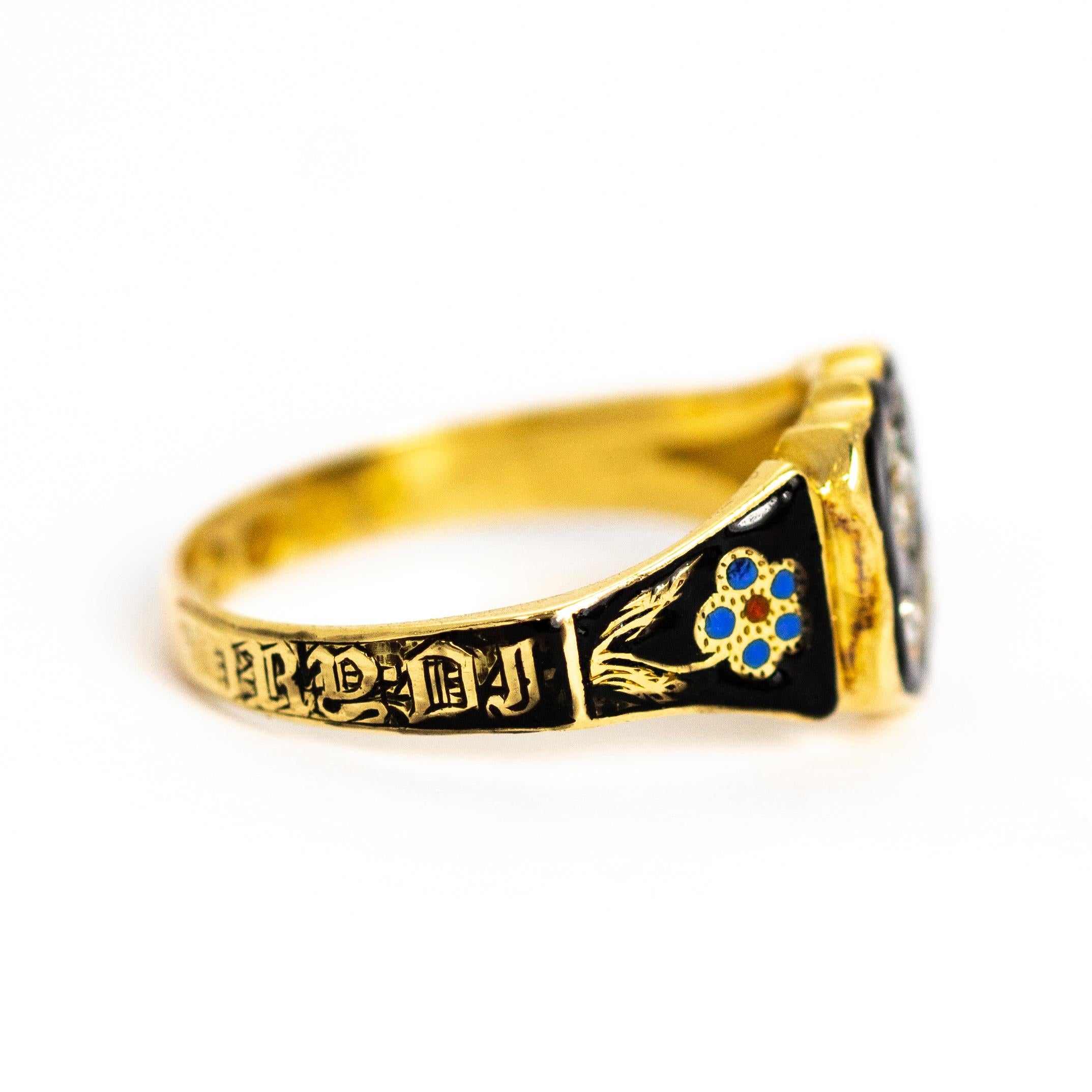 Victorian Rose Cut Diamond and Enamel 18 Carat Gold Mourning Ring 2