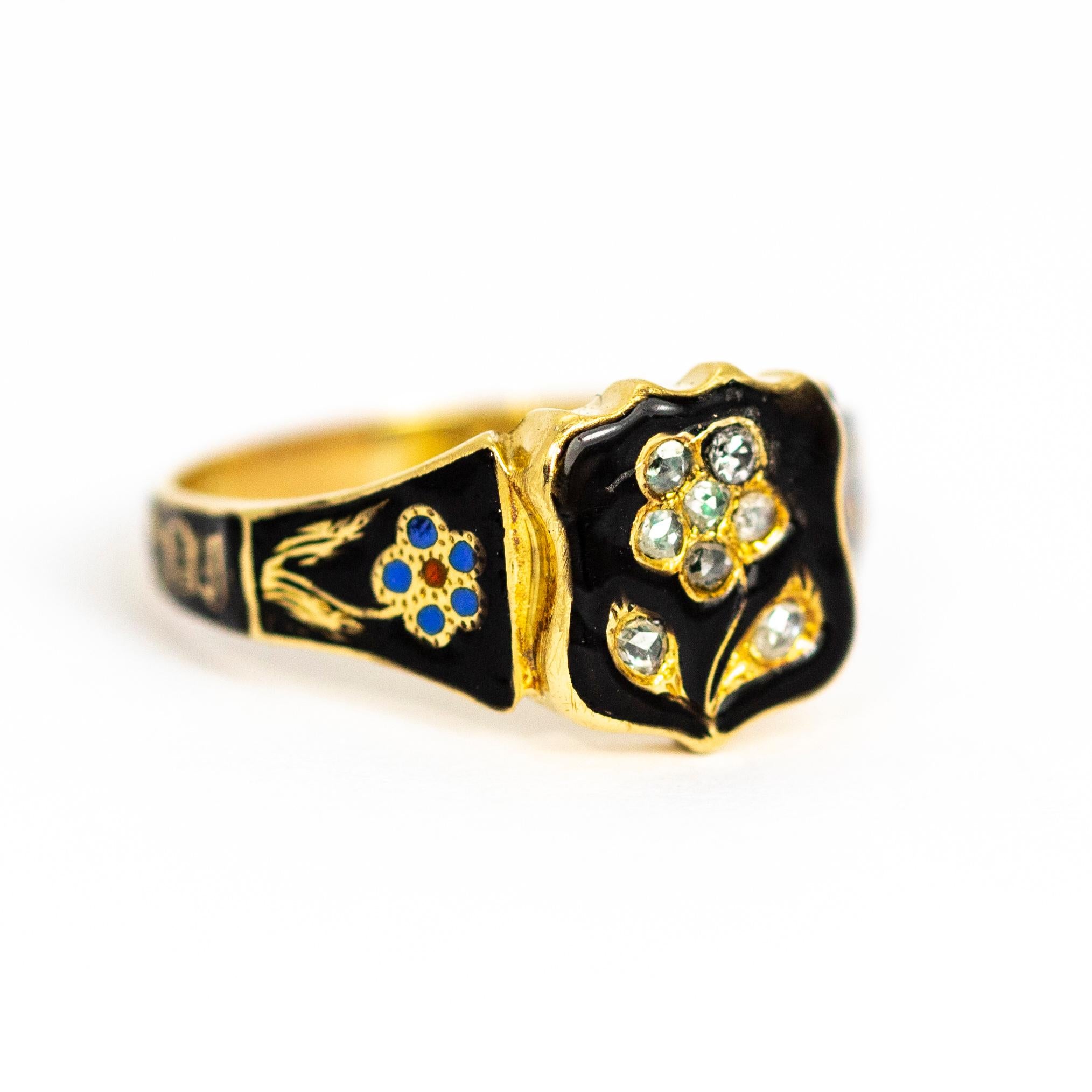 Victorian Rose Cut Diamond and Enamel 18 Carat Gold Mourning Ring 3