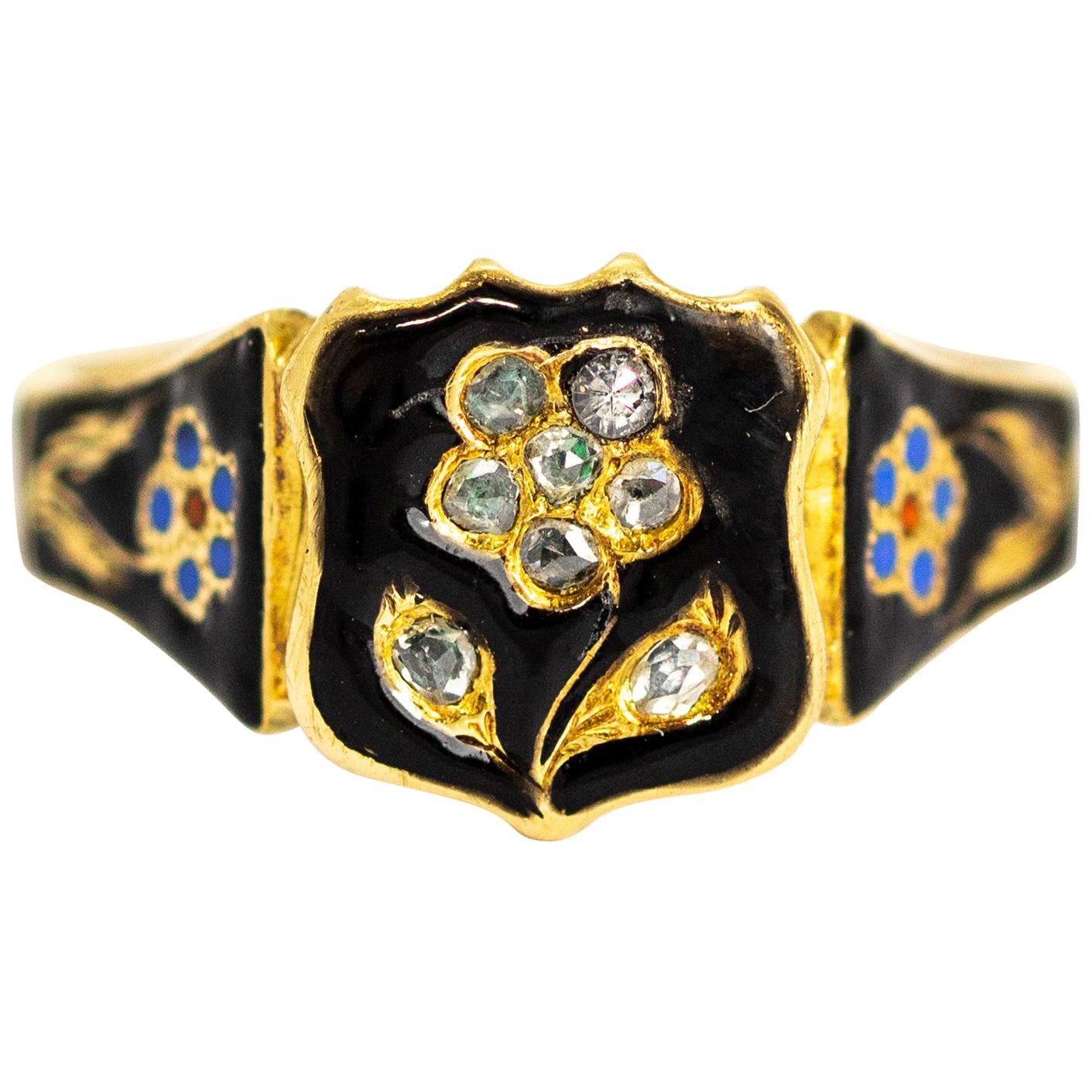 Victorian Rose Cut Diamond and Enamel 18 Carat Gold Mourning Ring
