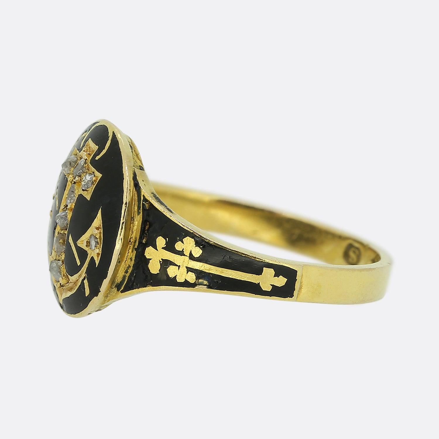 Here we have an excellently hand crafted signet ring dating back to the Victorian period. A deeply engraved depiction of an anchor dominates the centre the face with an array of rose cut diamonds neatly nestled within. Black enamel fills the