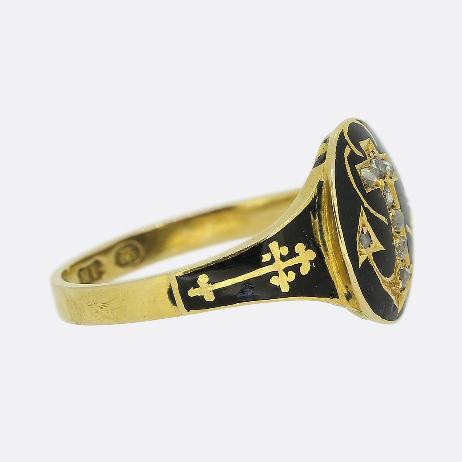 Victorian Rose Cut Diamond and Enamel Anchor Signet Ring In Good Condition For Sale In London, GB