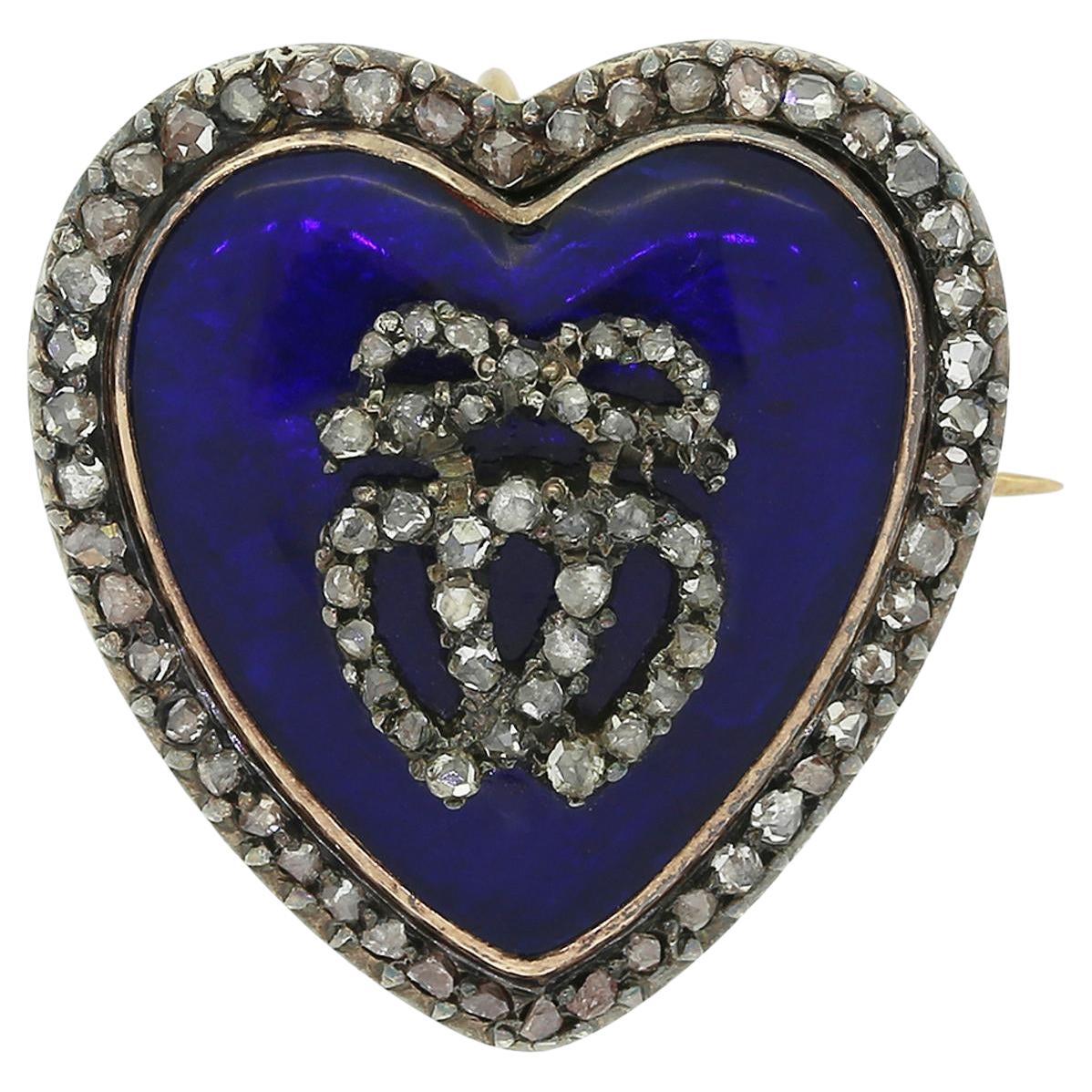 Victorian Rose Cut Diamond and Enamel Heart Brooch Pendant