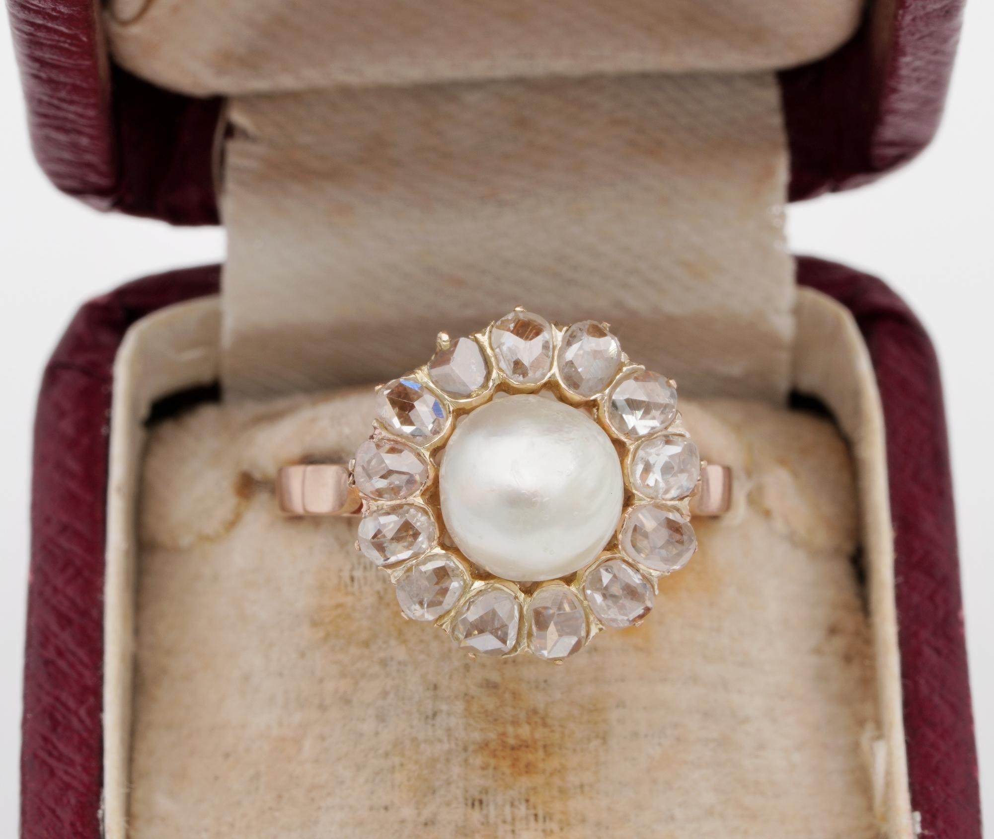 This is Spectacular!

Here is a truly spectacular, authentic Victorian Rose cut Diamond & Natural Basra sea pearl from the Persian Gulf
A charming, classy ring from the Victorian period stepping back into history till 1880 ca
This is full of