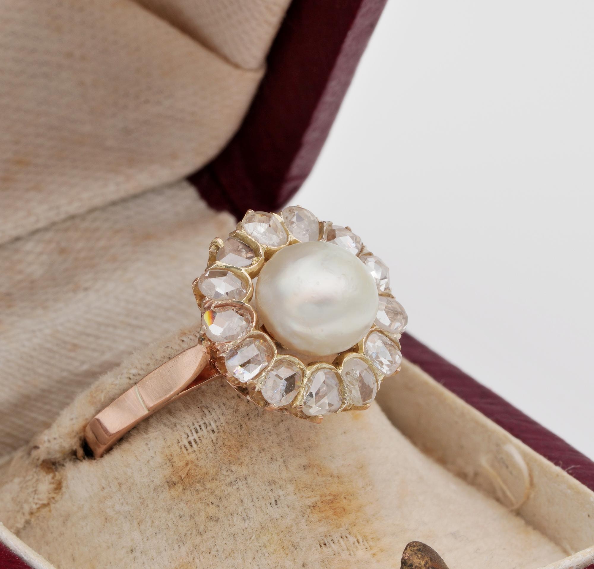 Victorian Rose Cut Diamond and Natural Basra Pearl Ring In Good Condition In Napoli, IT