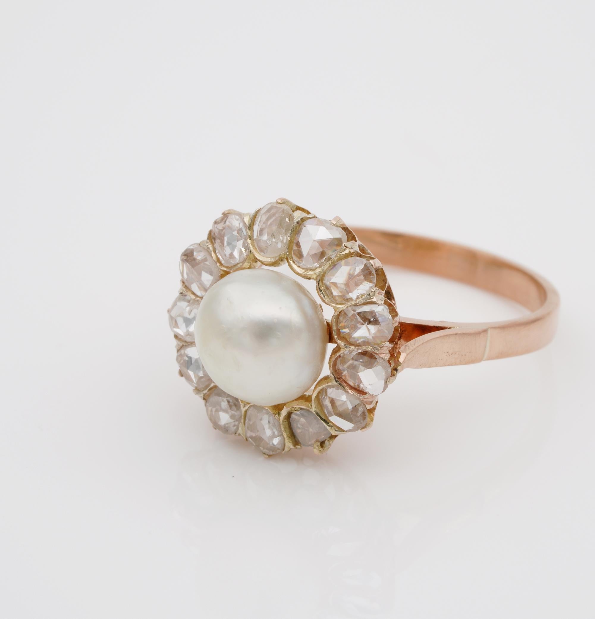 Women's Victorian Rose Cut Diamond and Natural Basra Pearl Ring
