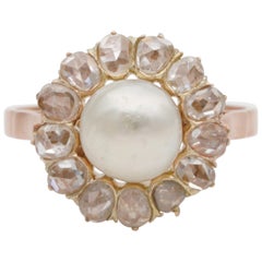 Antique Victorian Rose Cut Diamond and Natural Basra Pearl Ring