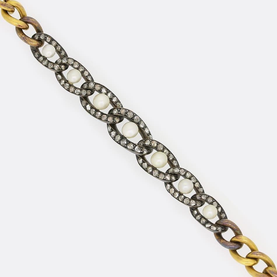 Taglio a rosa Bracciale vittoriano di diamanti taglio rosa e perle naturali in vendita