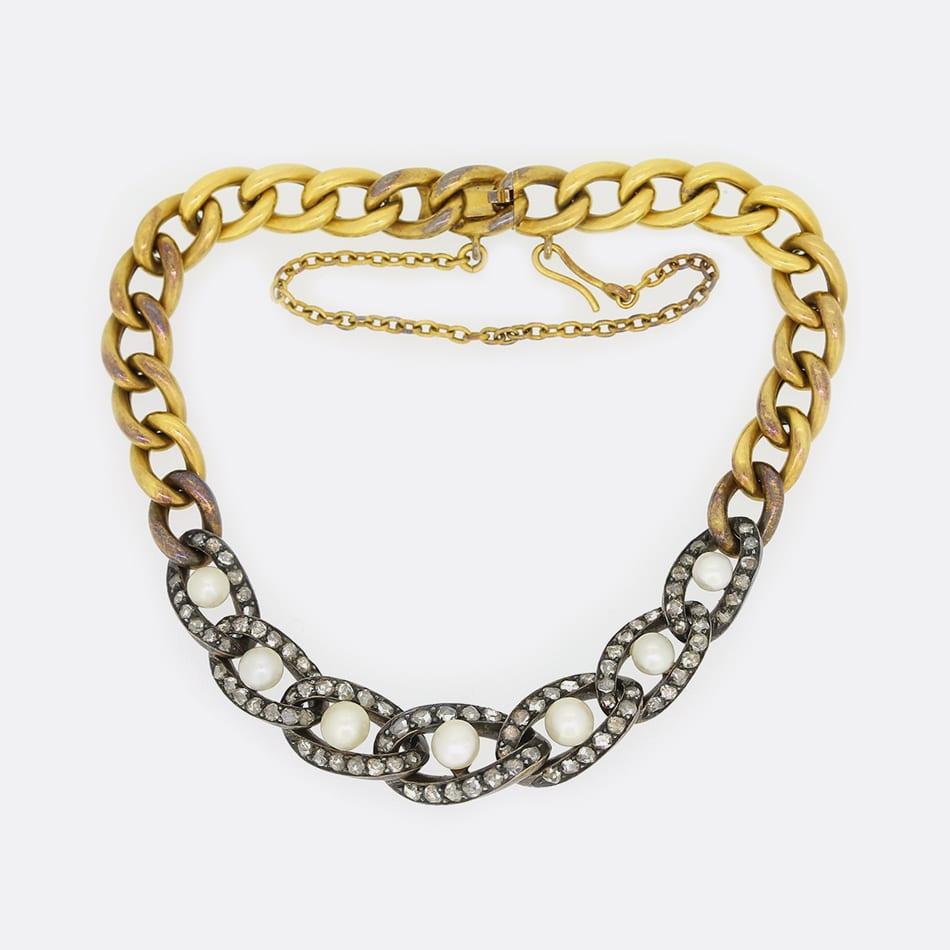 Bracciale vittoriano di diamanti taglio rosa e perle naturali In condizioni buone in vendita a London, GB