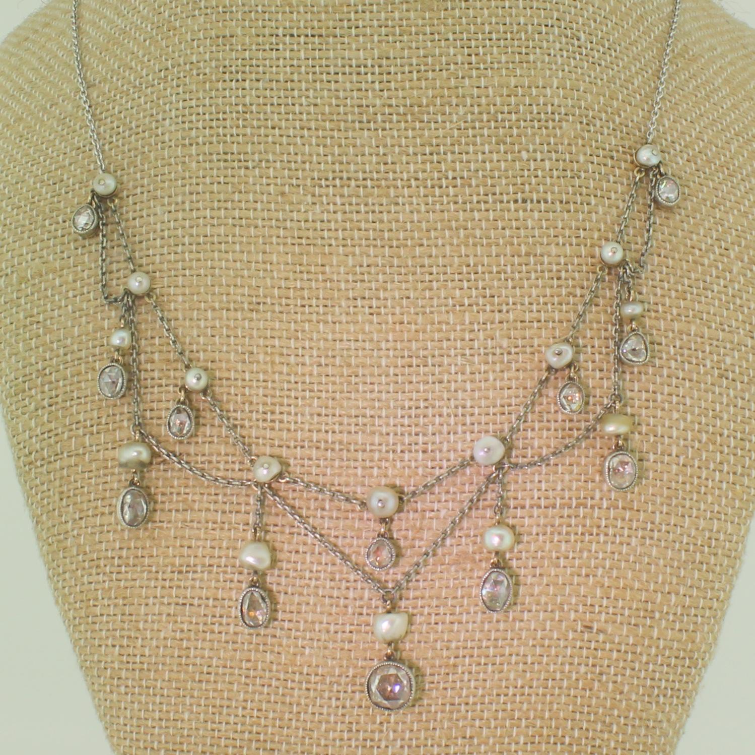 Victorian Rose Cut Diamond and Natural Pearl Necklace In Good Condition For Sale In Essex, GB