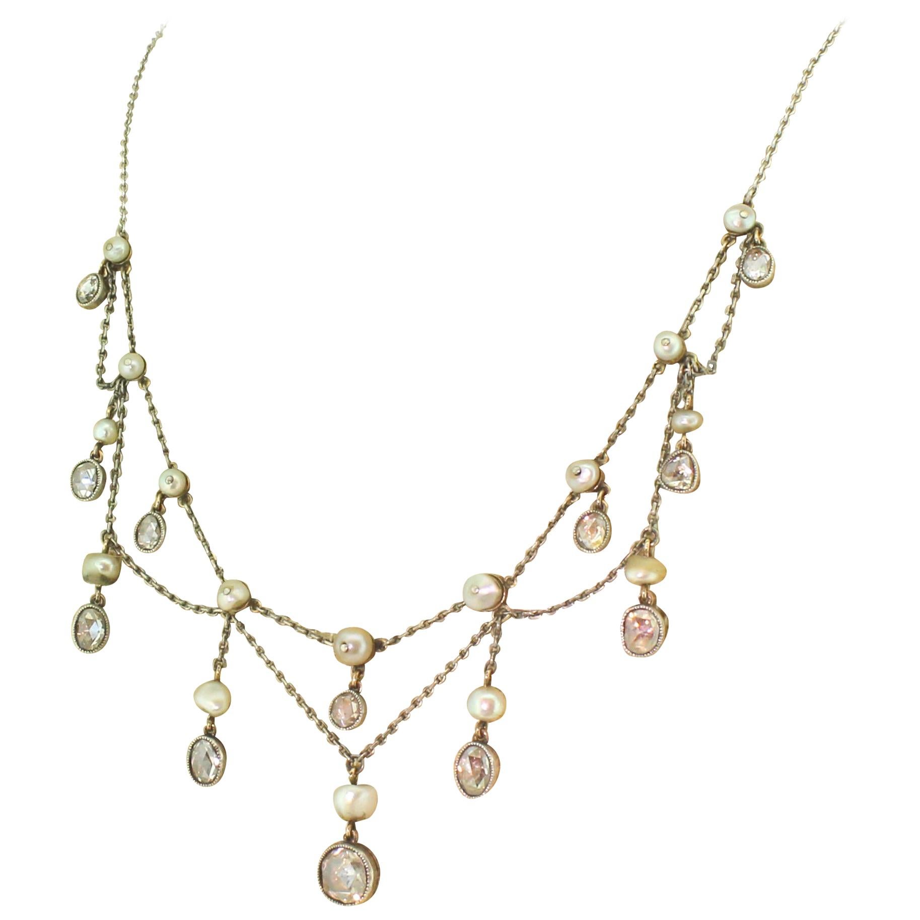Victorian Rose Cut Diamond and Natural Pearl Necklace For Sale at 1stDibs