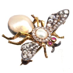 Victorian Rose Cut Diamond and Pearl Bee / Insect Brooch