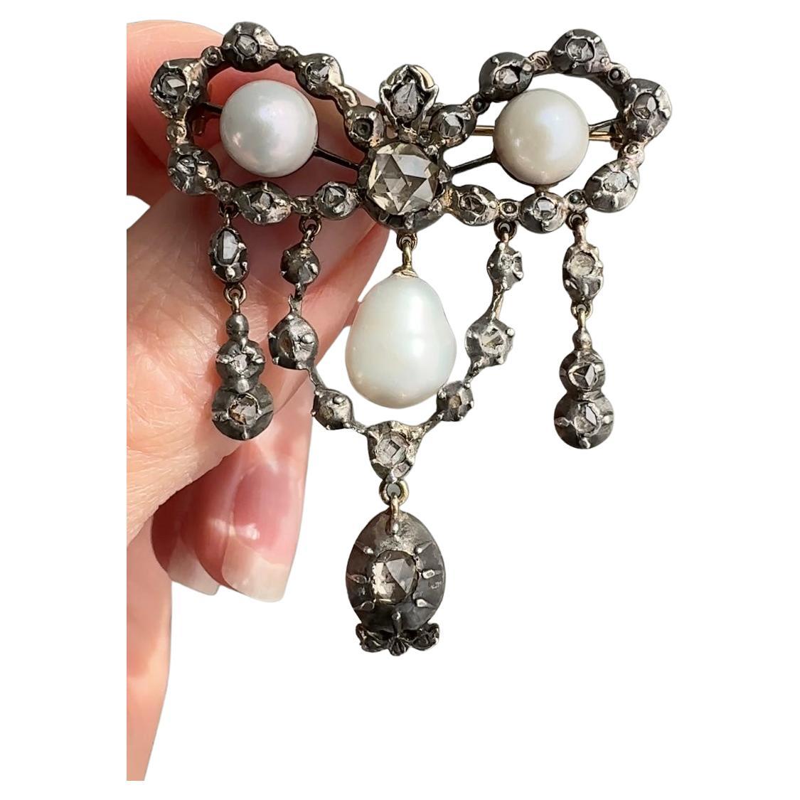 Victorian Rose Cut Diamond and Pearl Lover's Knot Pendant Brooch For Sale