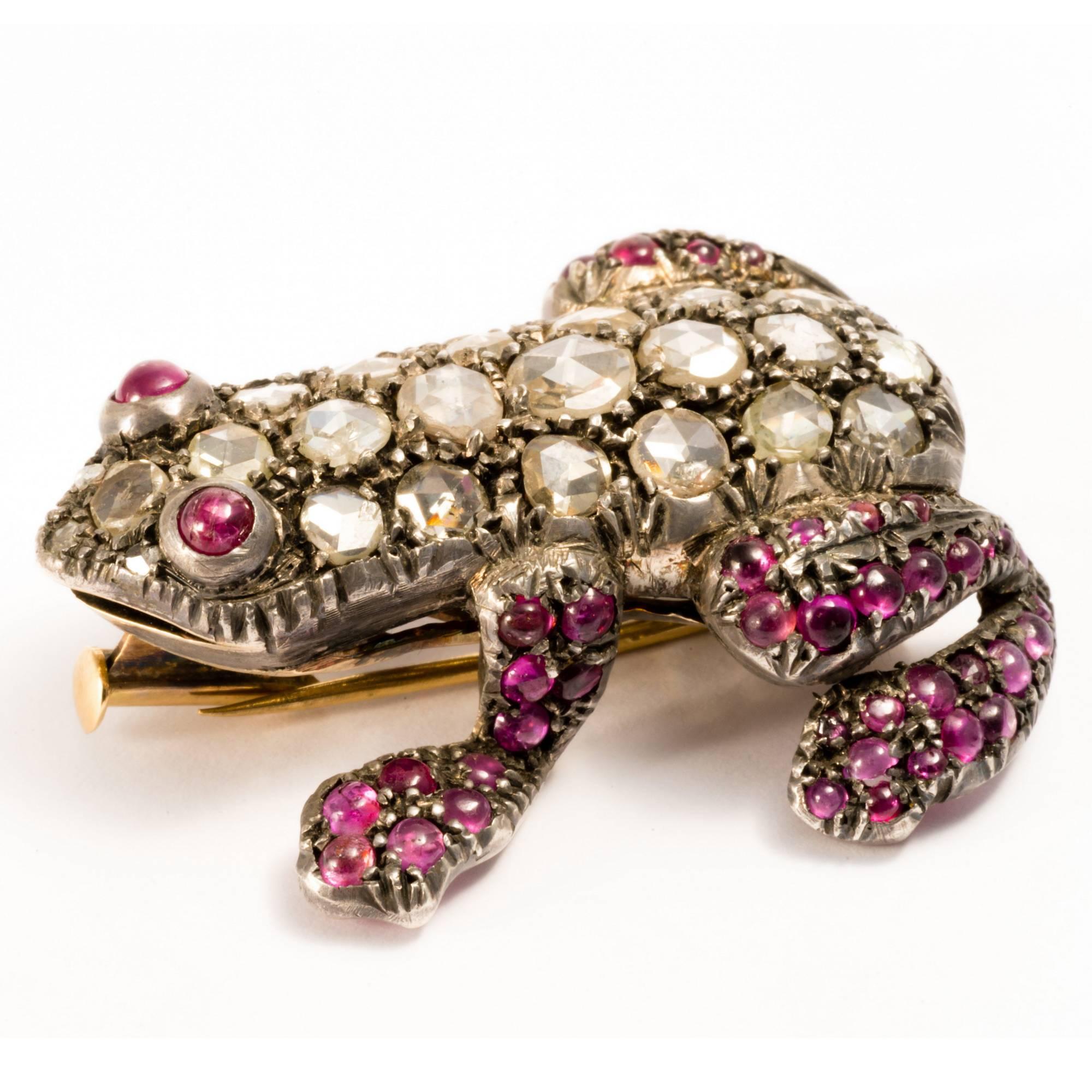 Late Victorian 1880 Antique Symbol Rose Cut Diamonds and Rubies Frog Necklace Enhancer Brooch 