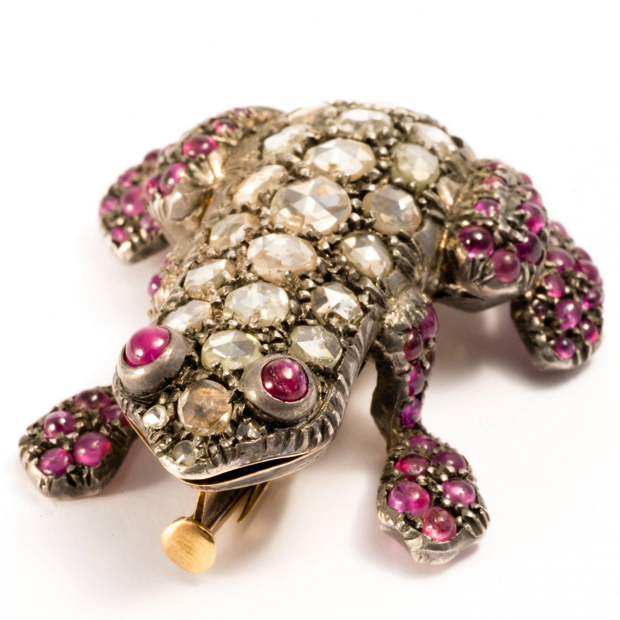 Women's or Men's 1880 Antique Symbol Rose Cut Diamonds and Rubies Frog Necklace Enhancer Brooch 