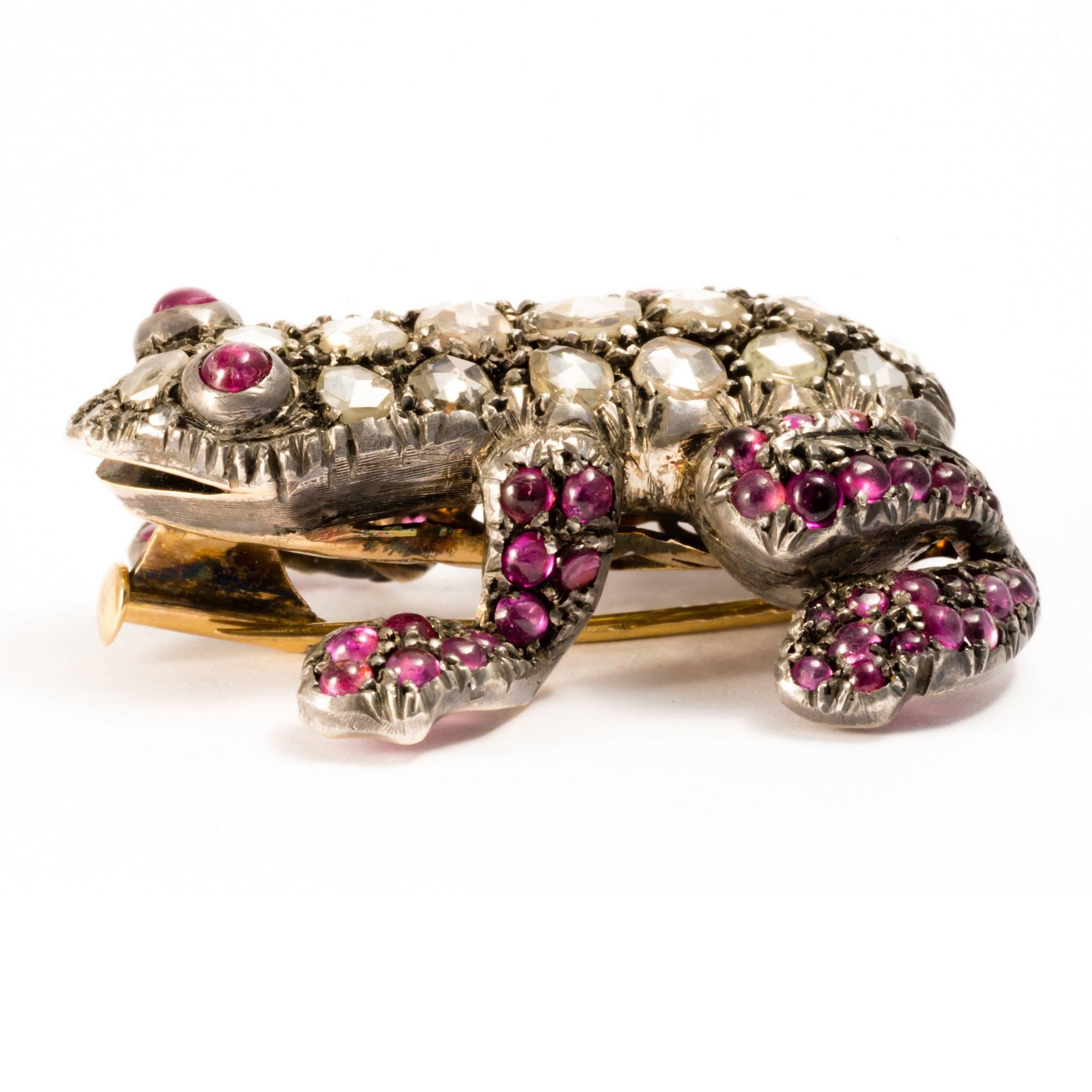 1880 Antique Symbol Rose Cut Diamonds and Rubies Frog Necklace Enhancer Brooch  1