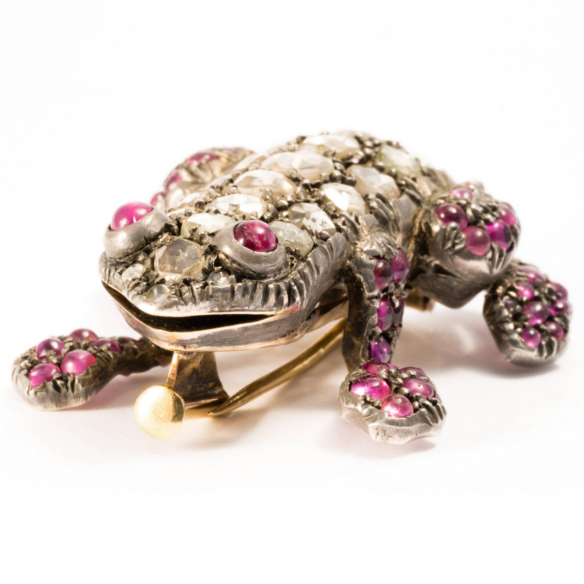 1880 Antique Symbol Rose Cut Diamonds and Rubies Frog Necklace Enhancer Brooch  2