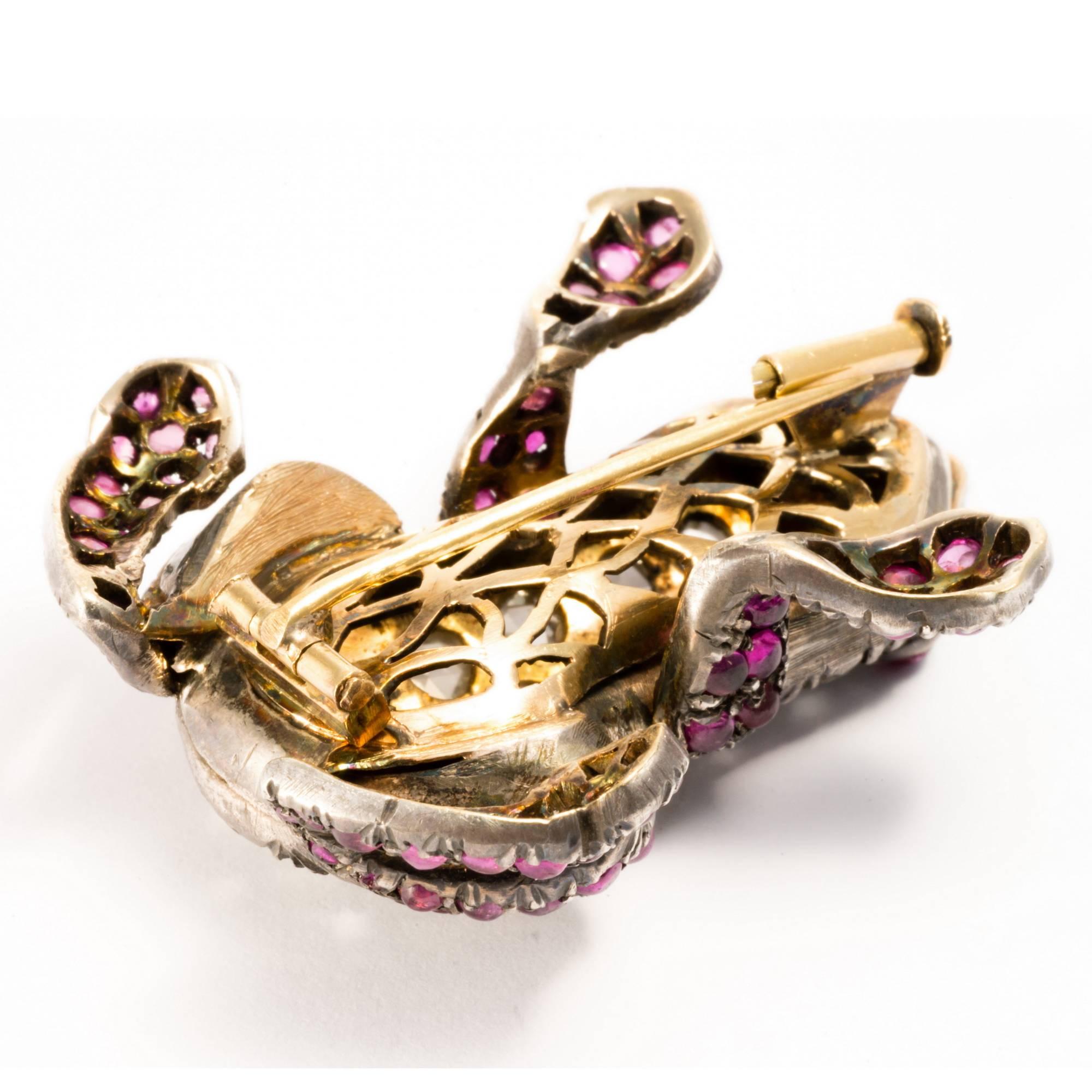 1880 Antique Symbol Rose Cut Diamonds and Rubies Frog Necklace Enhancer Brooch  3