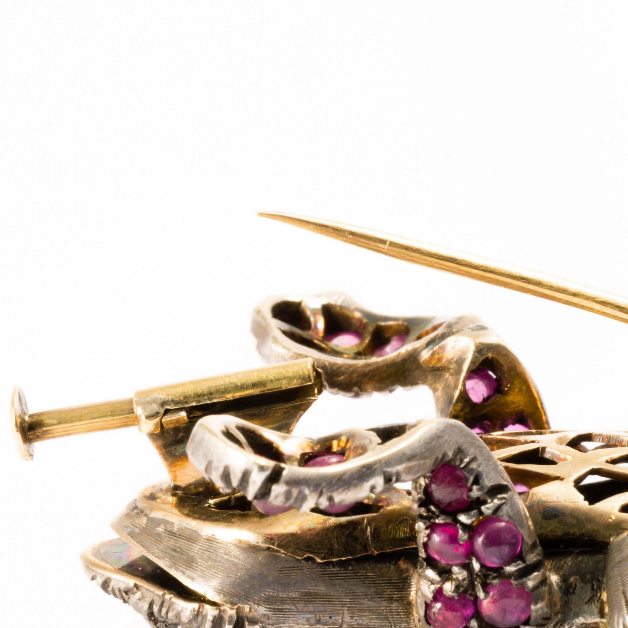 1880 Antique Symbol Rose Cut Diamonds and Rubies Frog Necklace Enhancer Brooch  4