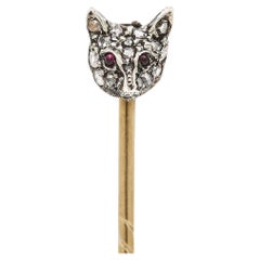 Antique Victorian Rose Cut Diamond and Ruby Fox Mask Stick Pin, circa 1890