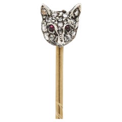 Victorian Rose Cut Diamond and Ruby Fox Mask Stick Pin, circa 1890