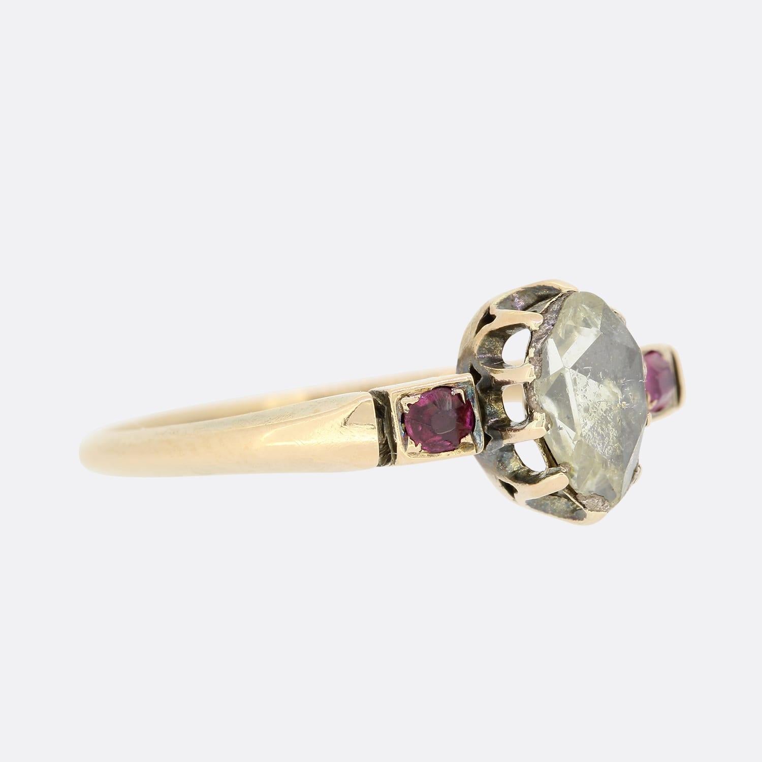 Anillo Victoriano Solitario de Rubí y Diamante talla Rosa Corte rosa en venta