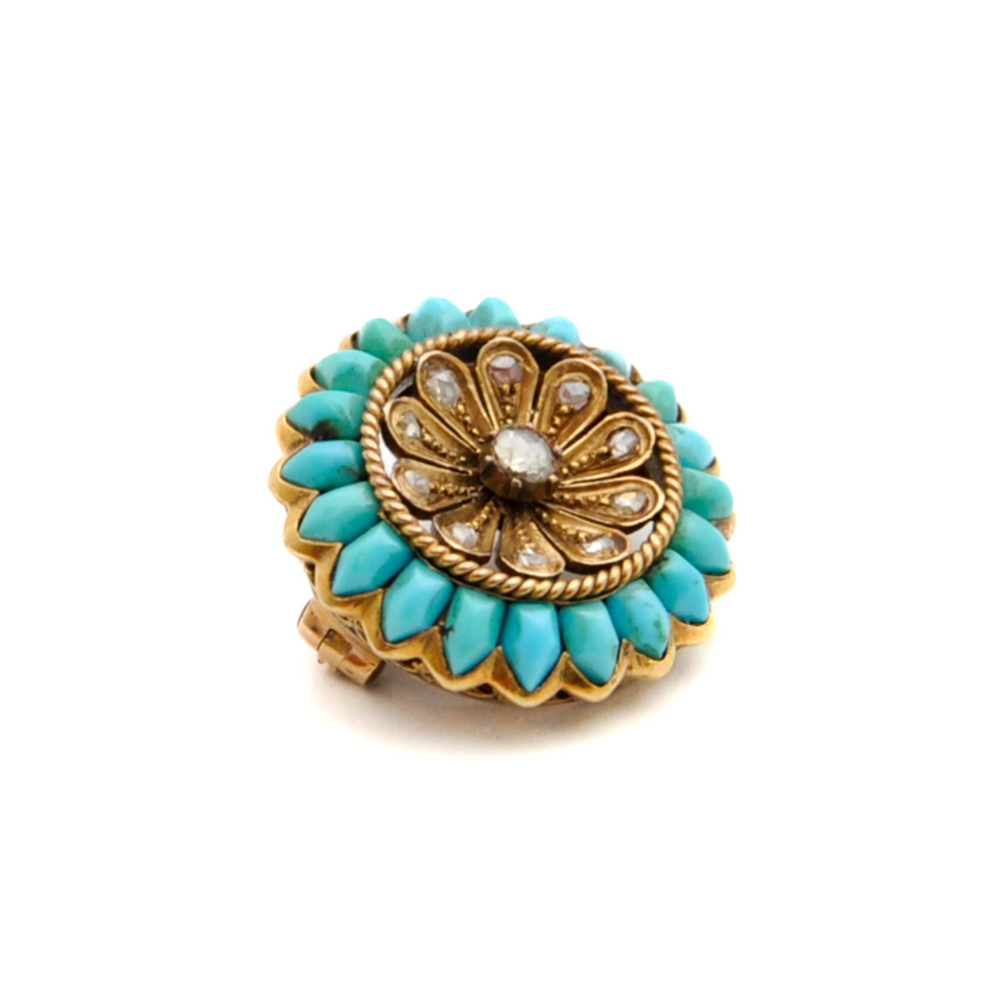 Antique Victorian Rose Cut Diamond and Turquoise Flower Brooch In Good Condition For Sale In Rotterdam, NL