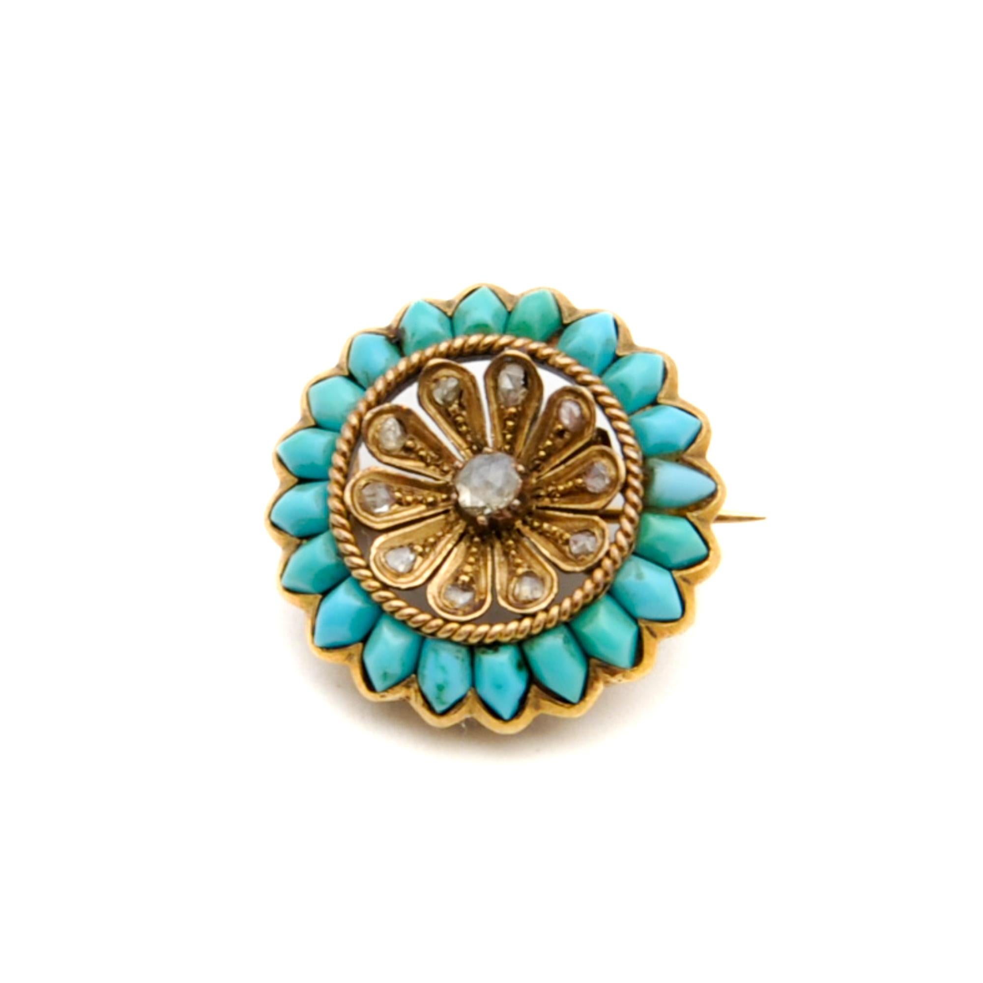 Women's or Men's Antique Victorian Rose Cut Diamond and Turquoise Flower Brooch For Sale