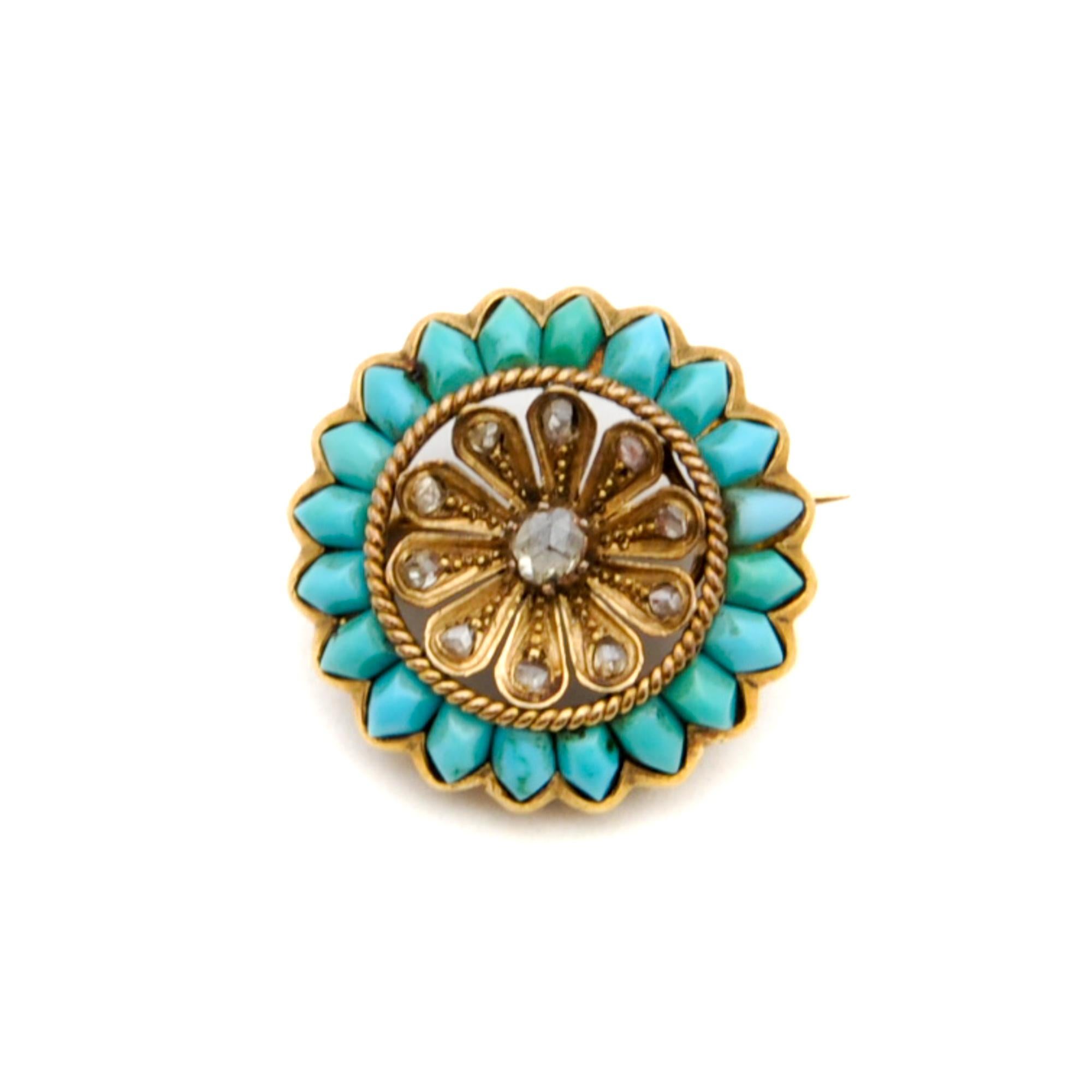 Antique Victorian Rose Cut Diamond and Turquoise Flower Brooch For Sale 1