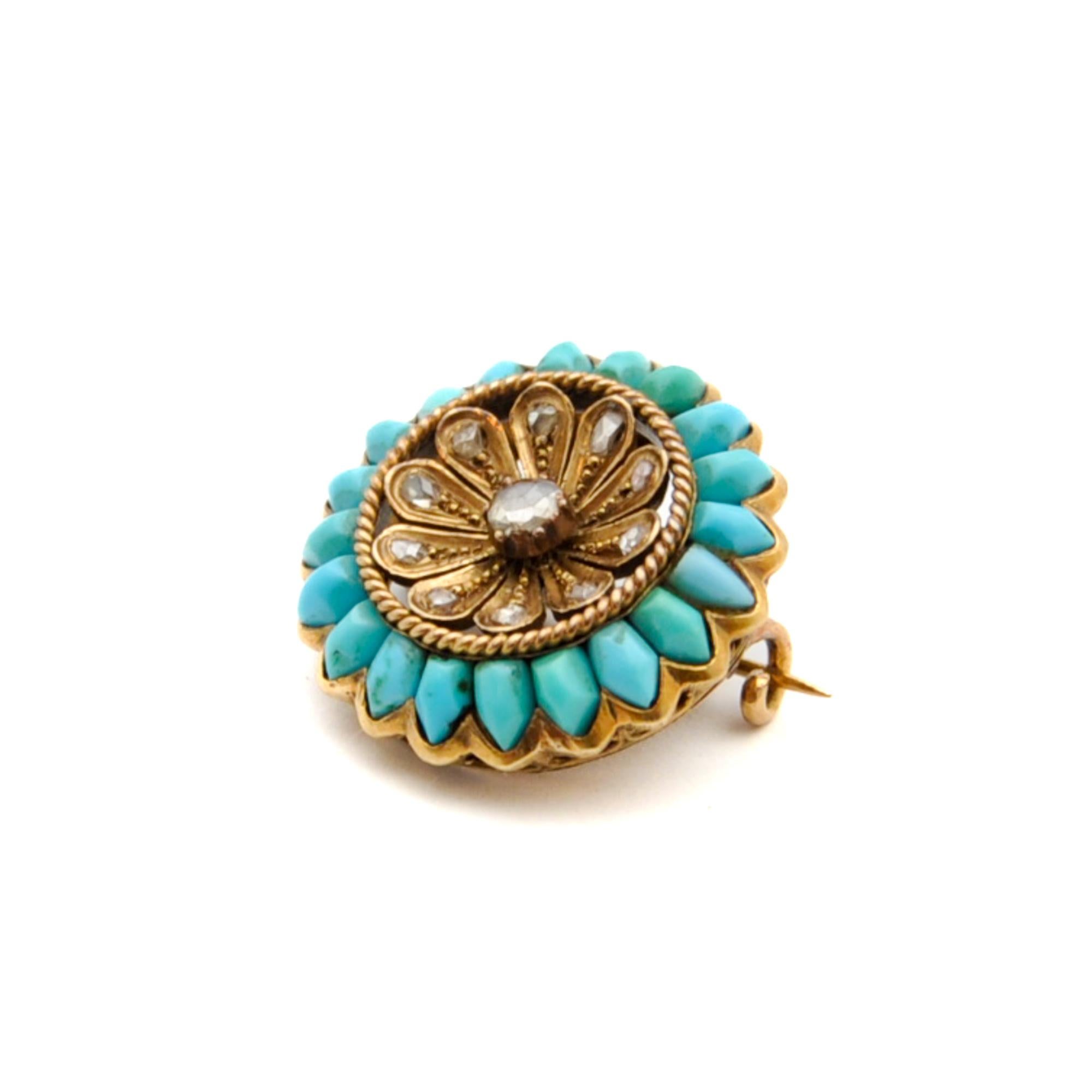 Antique Victorian Rose Cut Diamond and Turquoise Flower Brooch For Sale 2