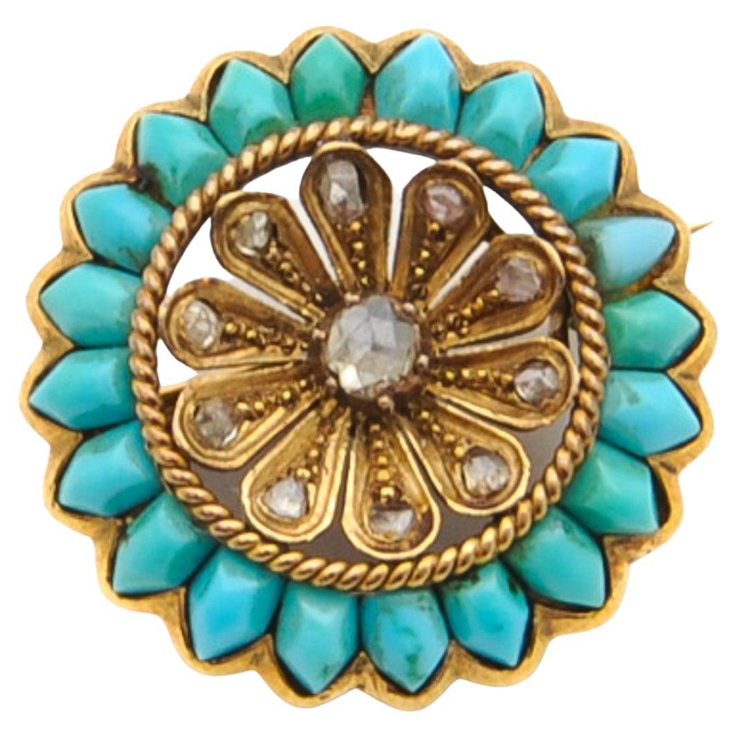 Broche victorienne ancienne en forme de fleur avec diamants et turquoise taille rose