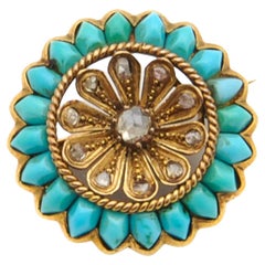 Antique Victorian Rose Cut Diamond and Turquoise Flower Brooch