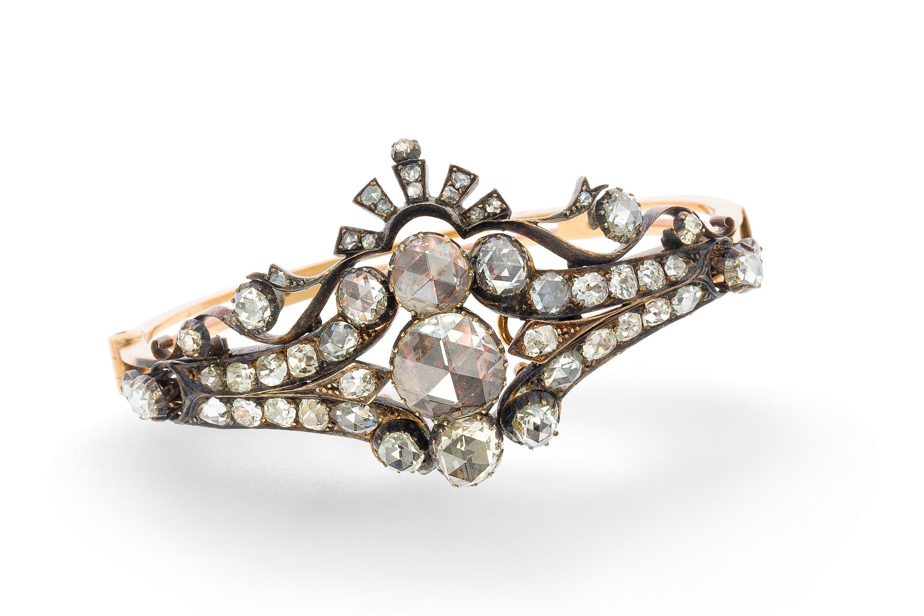 Bracelet jonc victorien en diamants taille rose
Fabriqué vers 1900
Circonférence intérieure : 7