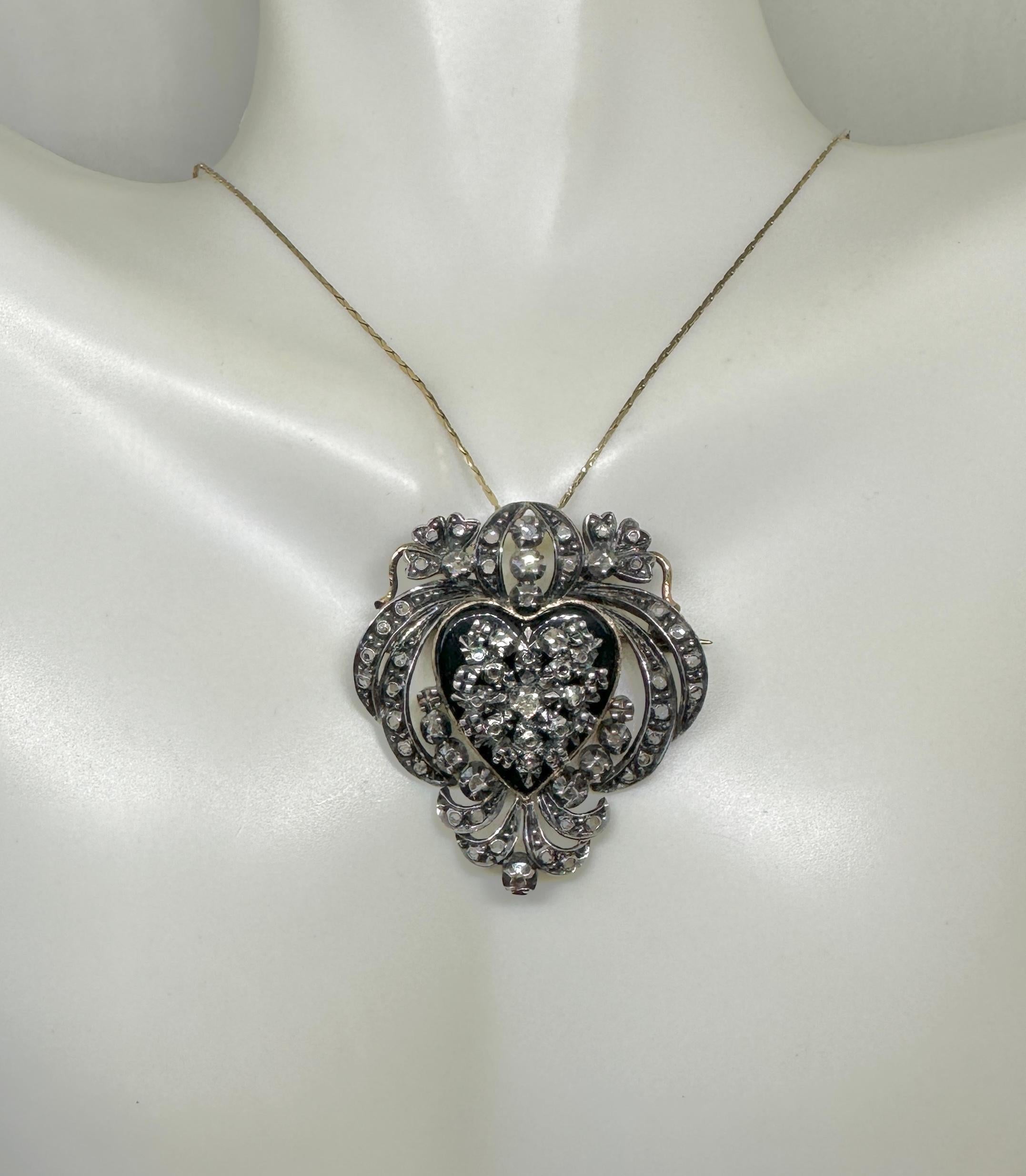 Victorian Rose Cut Diamond Black Onyx Heart Pendant Necklace Brooch 18K Gold In Excellent Condition For Sale In New York, NY