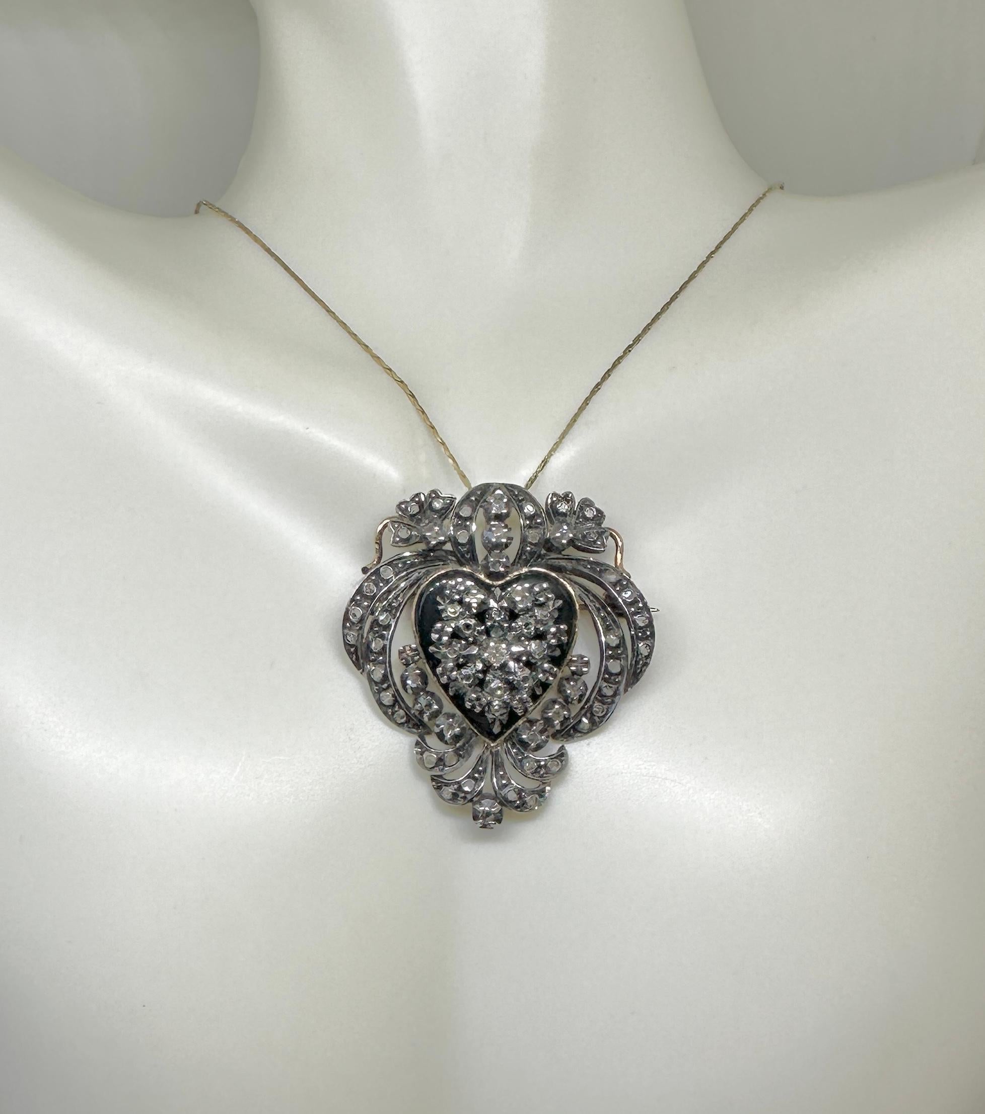 Victorian Rose Cut Diamond Black Onyx Heart Pendant Necklace Brooch 18K Gold For Sale 1