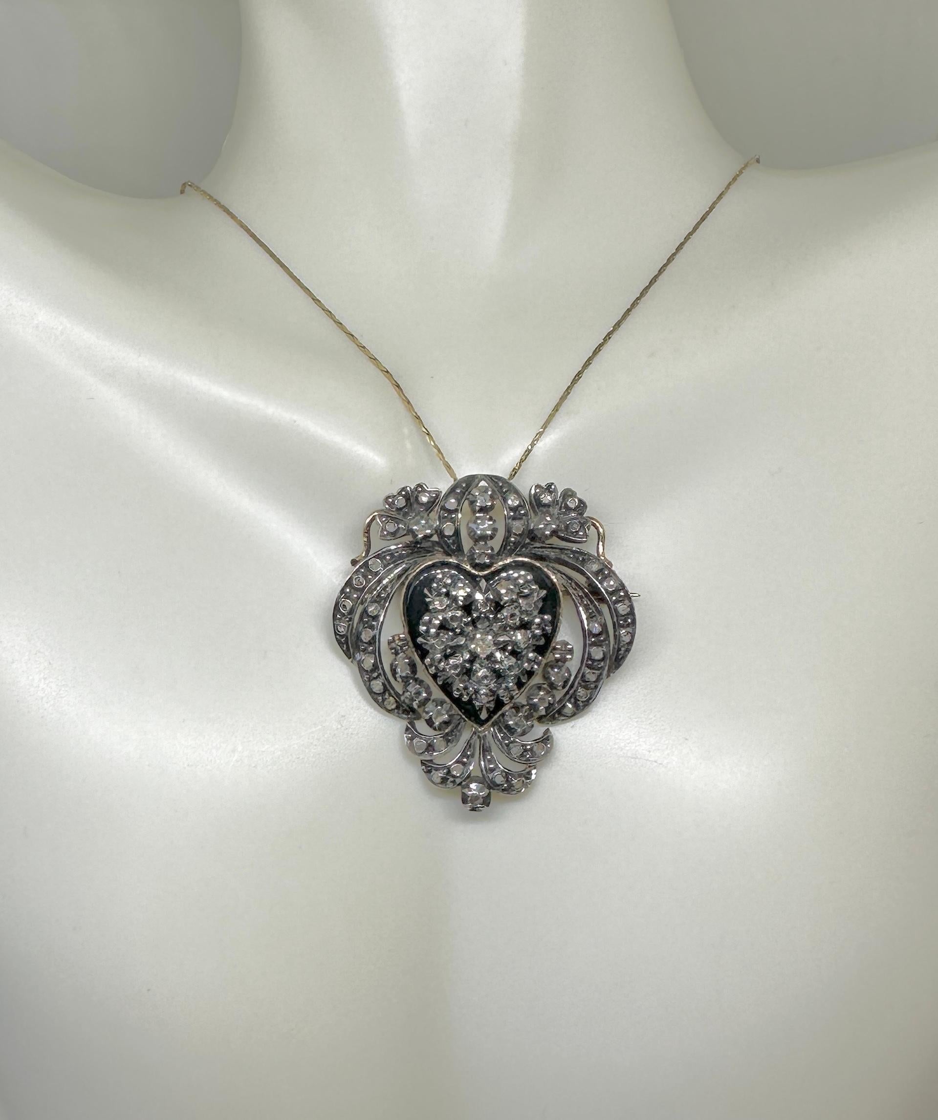 Victorian Rose Cut Diamond Black Onyx Heart Pendant Necklace Brooch 18K Gold For Sale 3