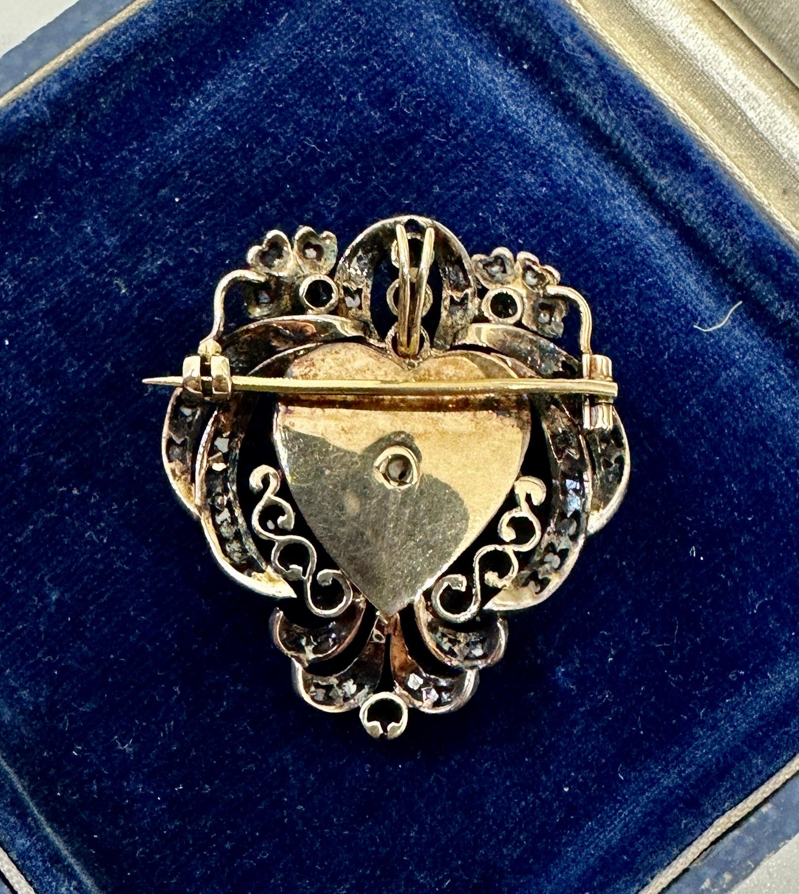 Victorian Rose Cut Diamond Black Onyx Heart Pendant Necklace Brooch 18K Gold For Sale 4