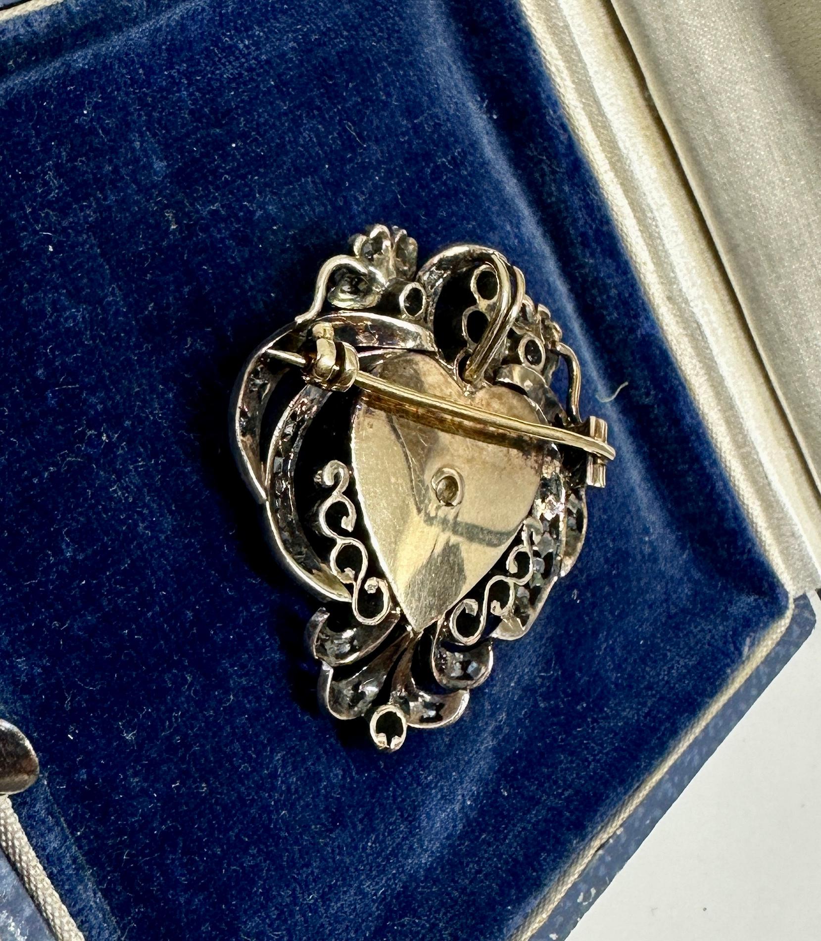 Victorian Rose Cut Diamond Black Onyx Heart Pendant Necklace Brooch 18K Gold For Sale 5