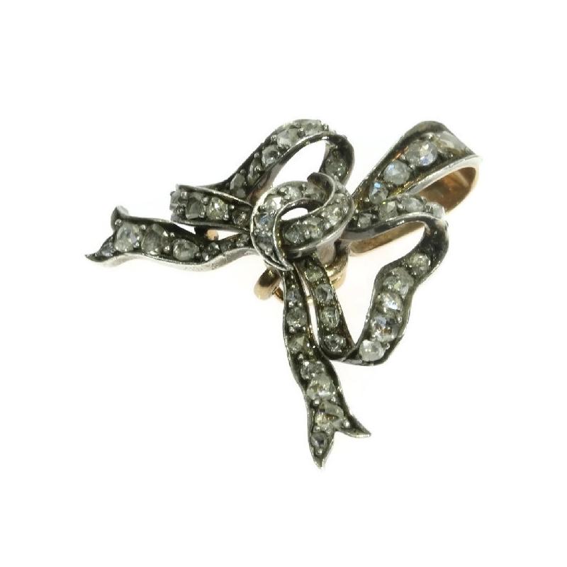 Victorian Rose Cut Diamond Bow Dangle 18 Karat Rose Gold Pendant Brooch For Sale 8