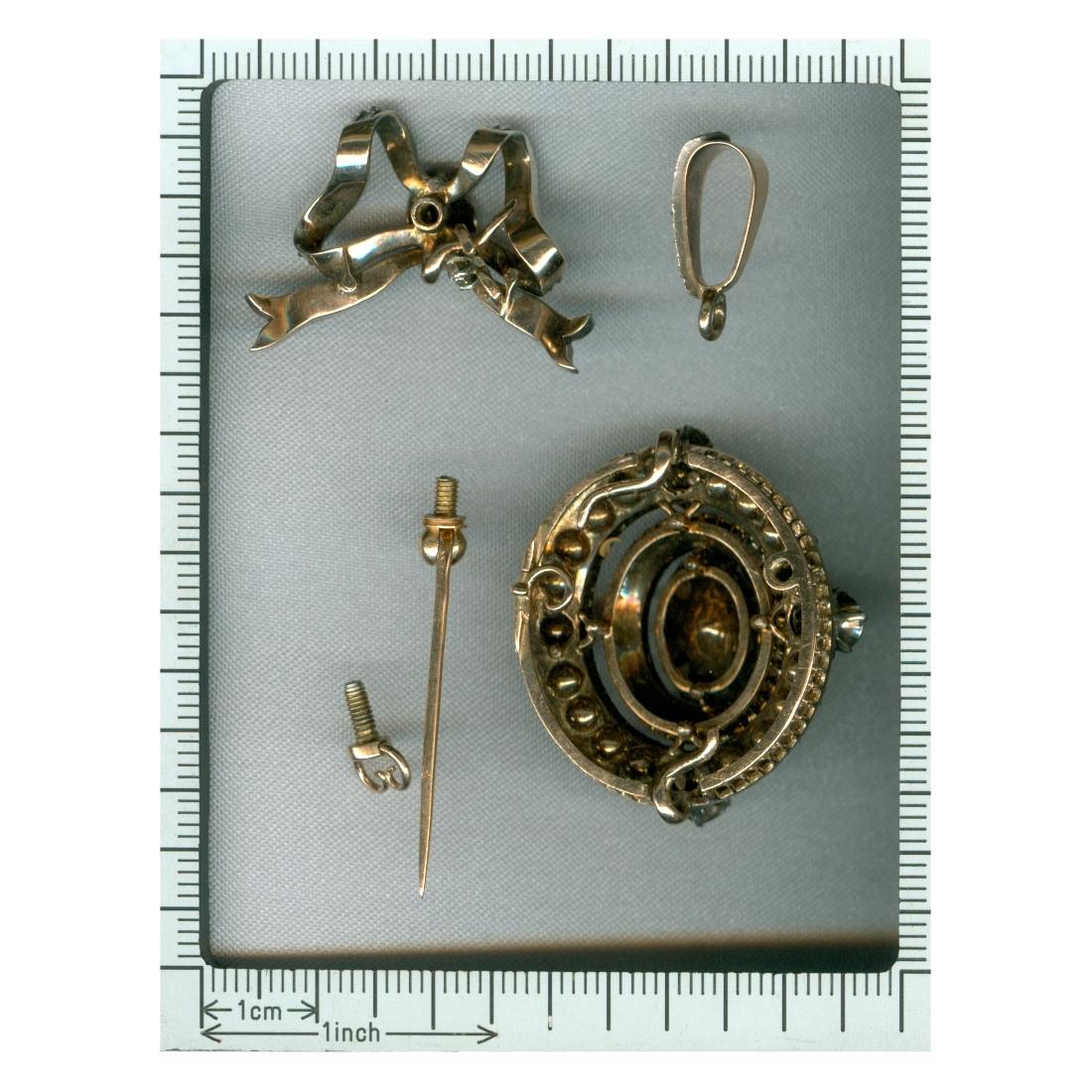 Victorian Rose Cut Diamond Bow Dangle 18 Karat Rose Gold Pendant Brooch For Sale 10