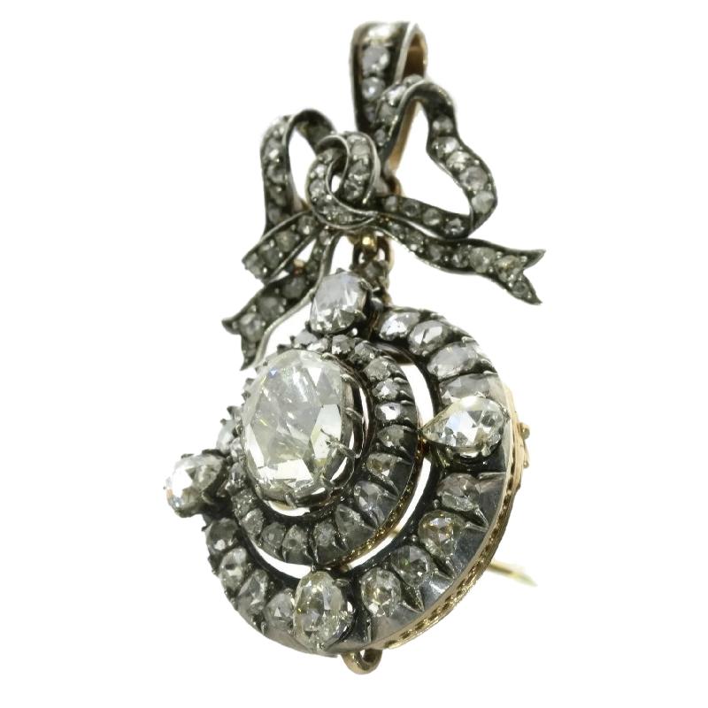 Victorian Rose Cut Diamond Bow Dangle 18 Karat Rose Gold Pendant Brooch For Sale 1