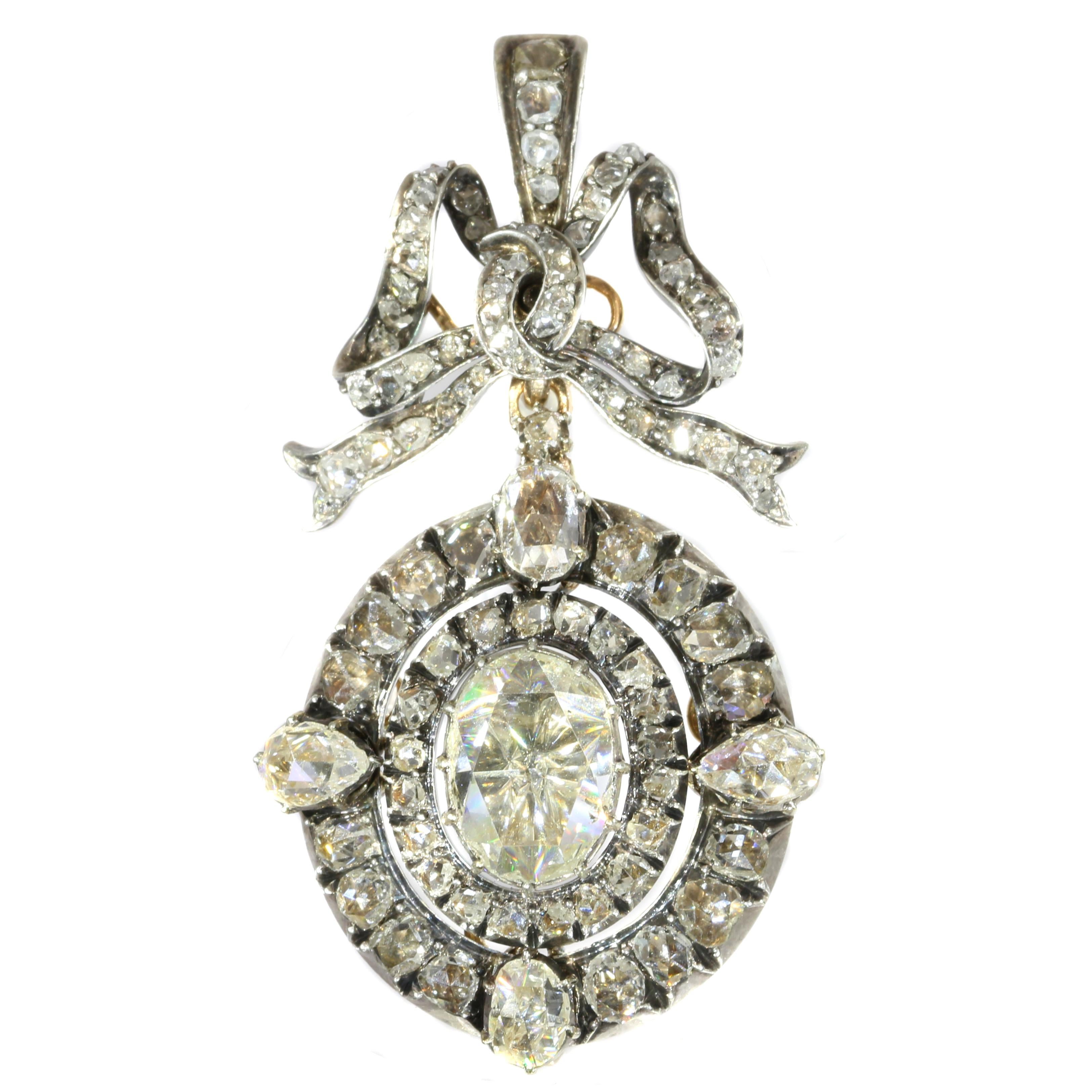 Victorian Rose Cut Diamond Bow Dangle 18 Karat Rose Gold Pendant Brooch For Sale