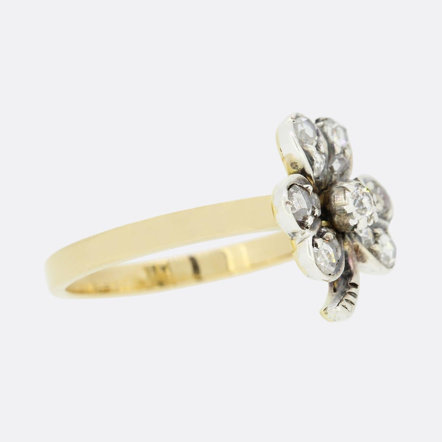 Round Cut Victorian Rose Cut Diamond Clover Ring For Sale
