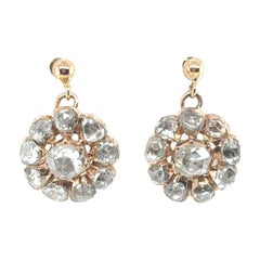 Pendientes Victorianos Racimo de Diamantes Corte Rosa Oro Amarillo 9 Kilates