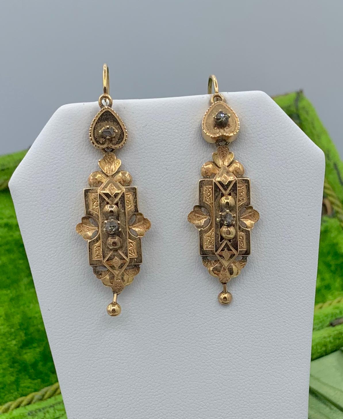 Victorian Rose Cut Diamond Day/Night Earrings Heart Dangle 14 Karat Gold Rare In Excellent Condition For Sale In New York, NY